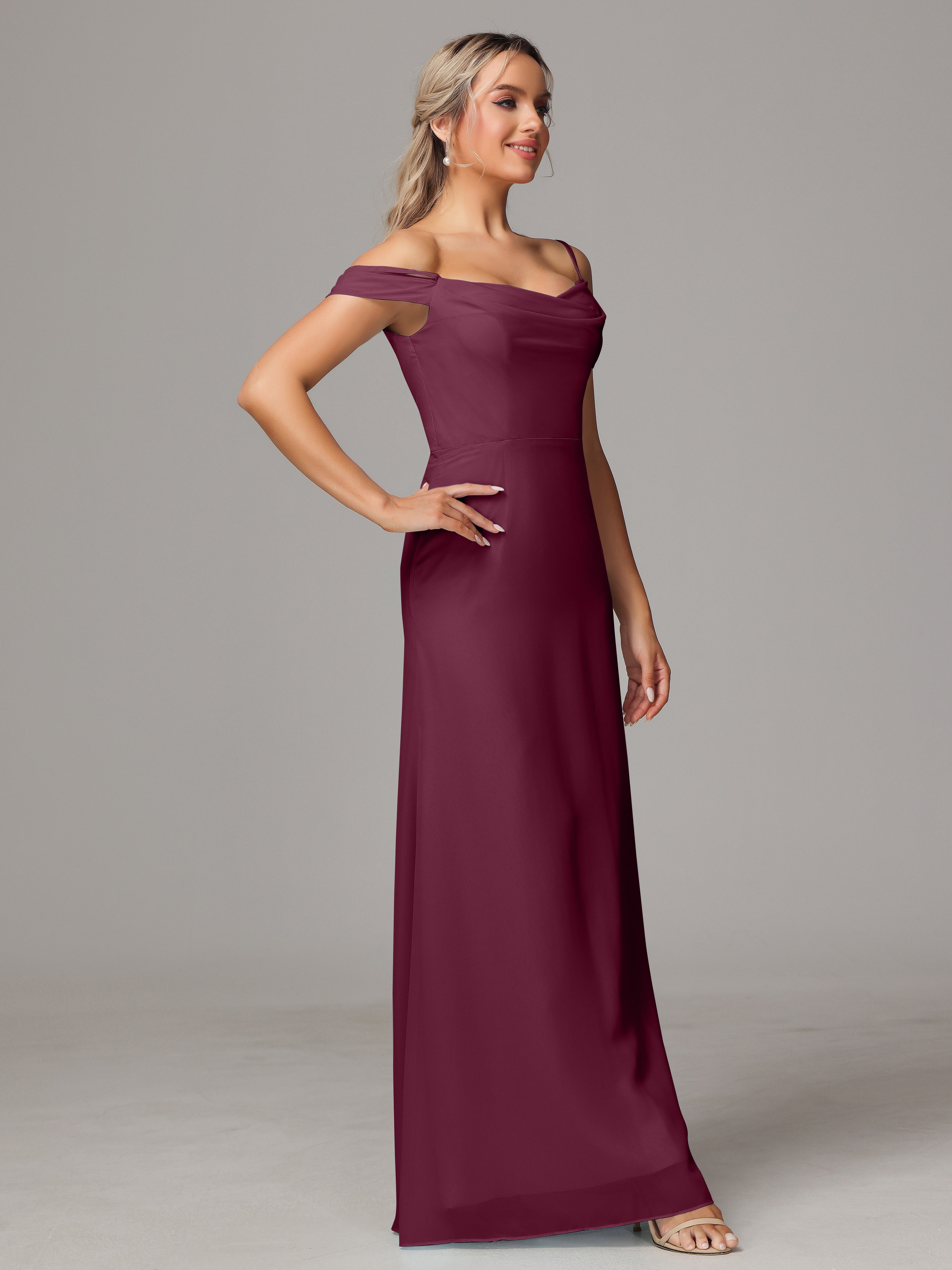 Robes De Demoiselle D'Honneur Mûre Accueil Froid Trapèze Mousseline Longue Robes Demoiselle D'Honneur