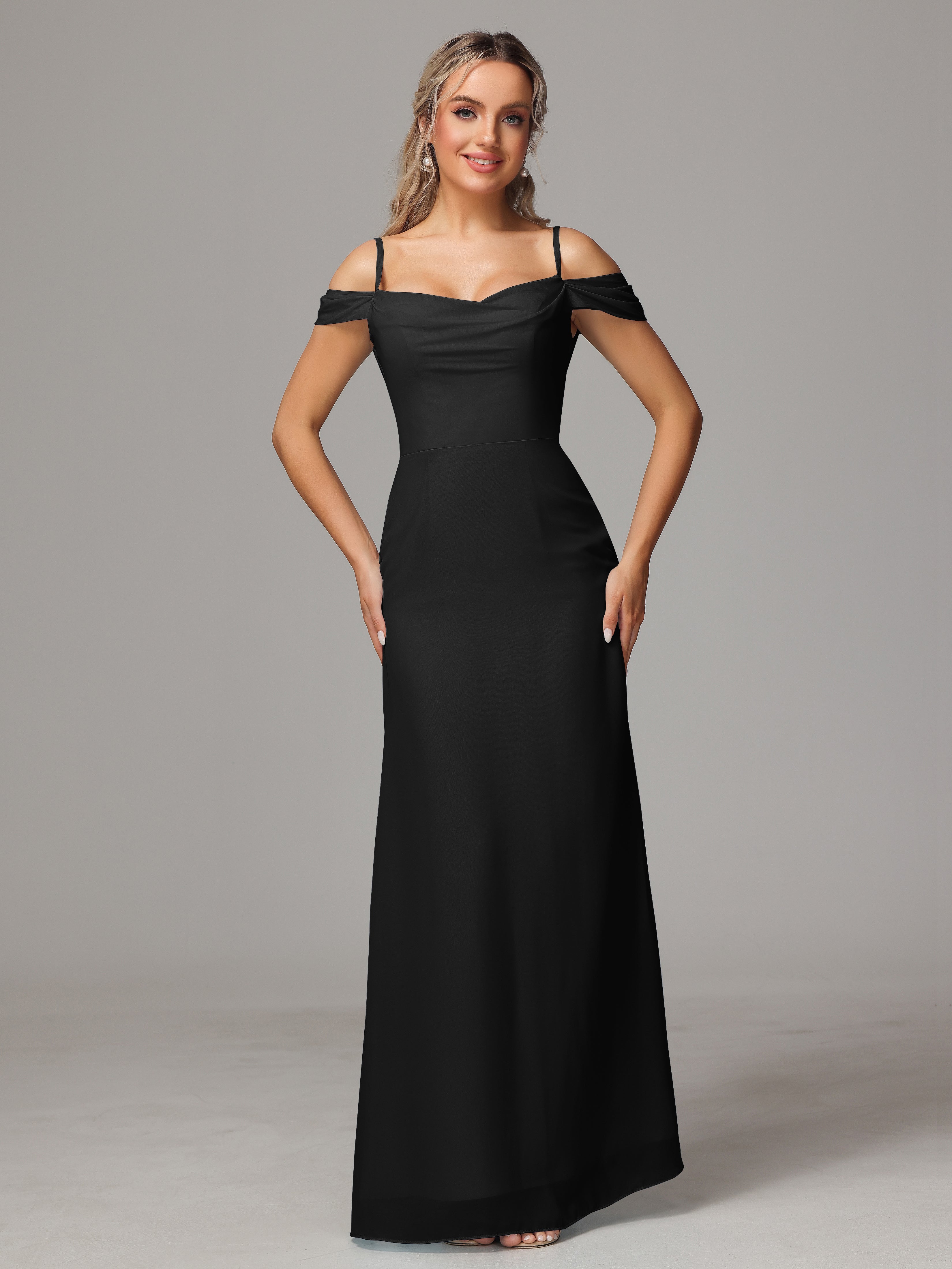 Robe Noir Demoiselle D Honneur Accueil Froid Trapèze Mousseline Longue Robes Demoiselle D'Honneur