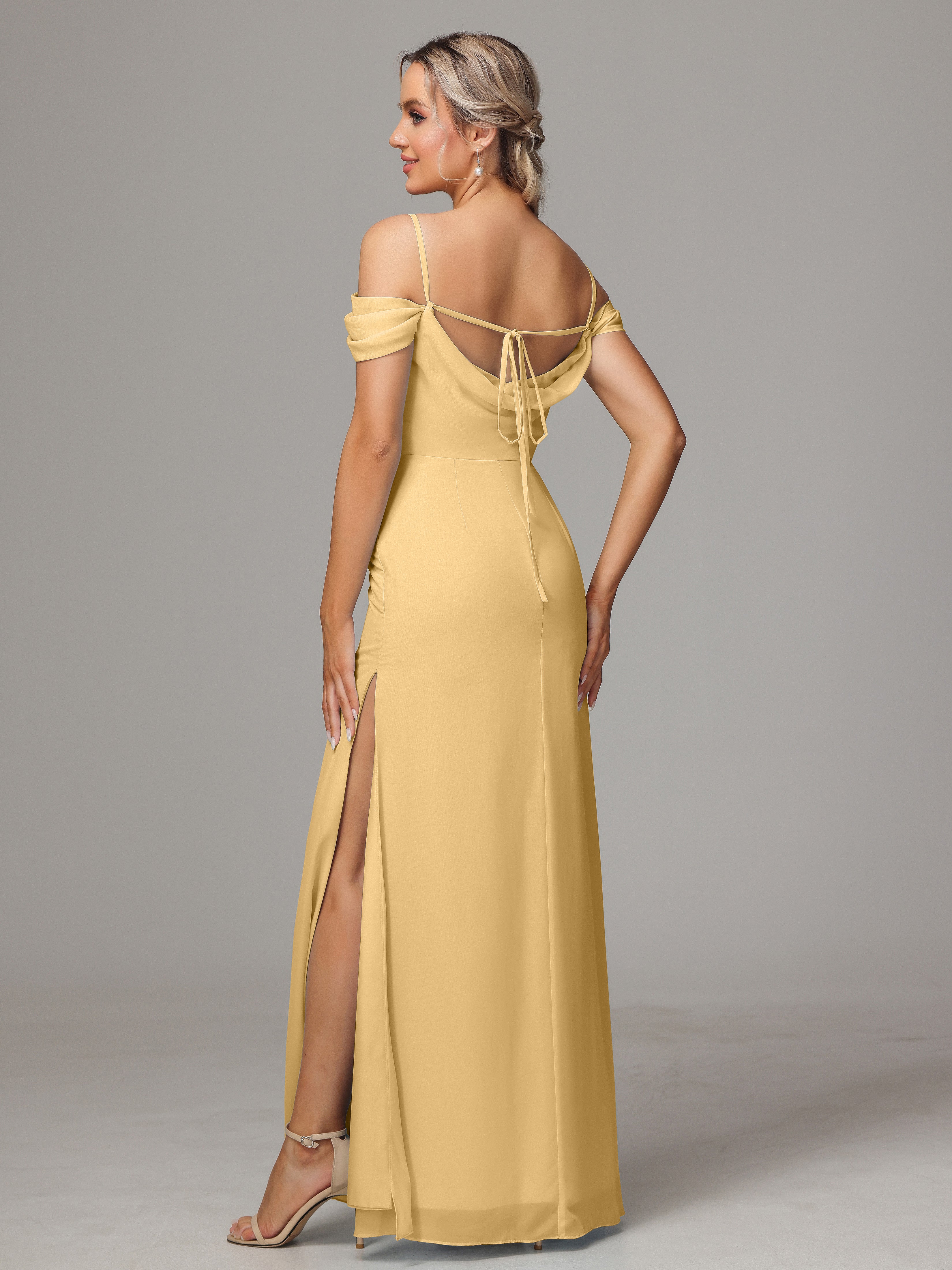 Robe Dorée Mariage Demoiselle D Honneur Accueil Froid Trapèze Mousseline Longue Robes Demoiselle D'Honneur