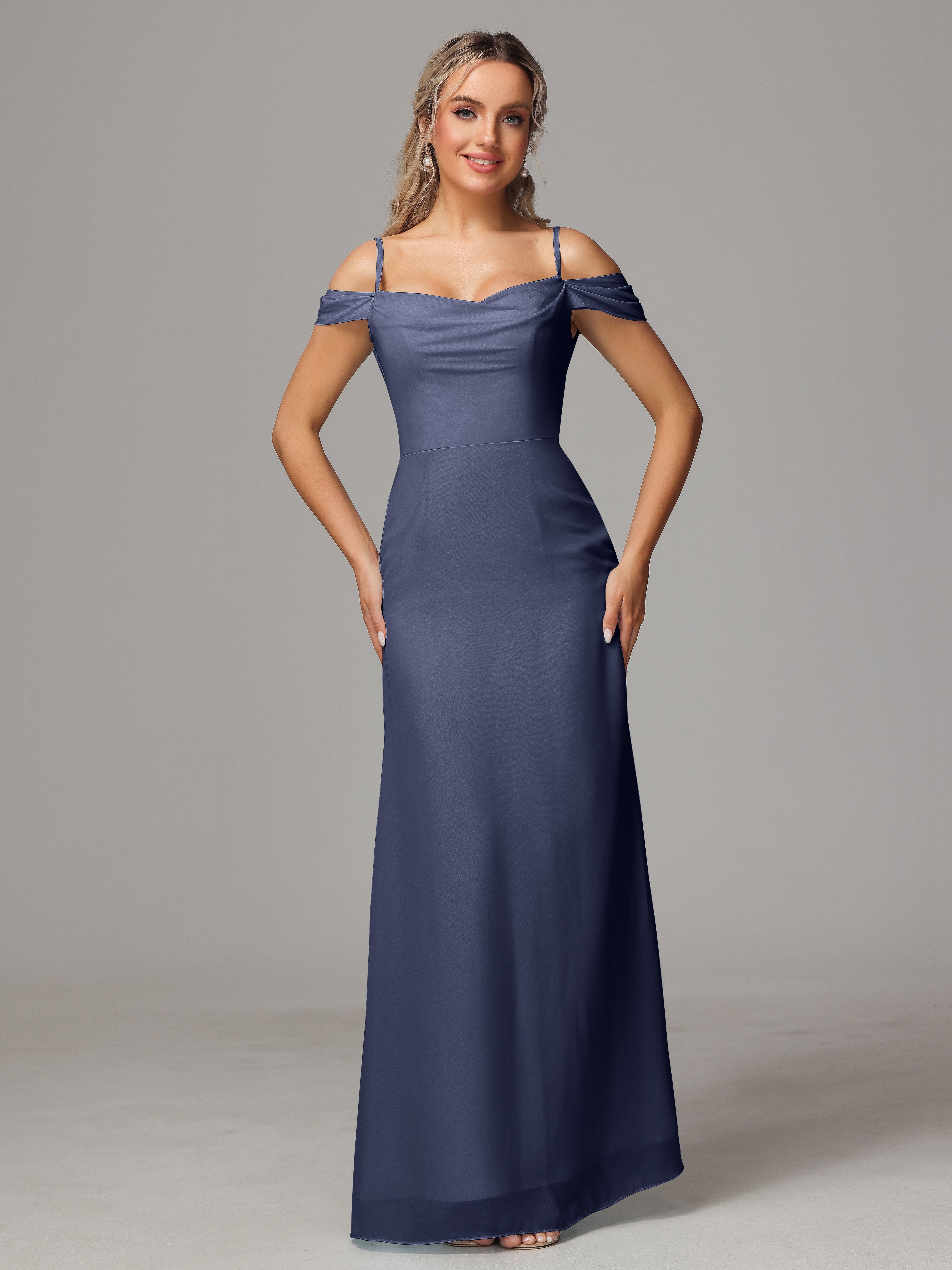 Robes De Demoiselle D'Honneur Bleu Orageux Accueil Froid Trapèze Mousseline Longue Robes Demoiselle D'Honneur