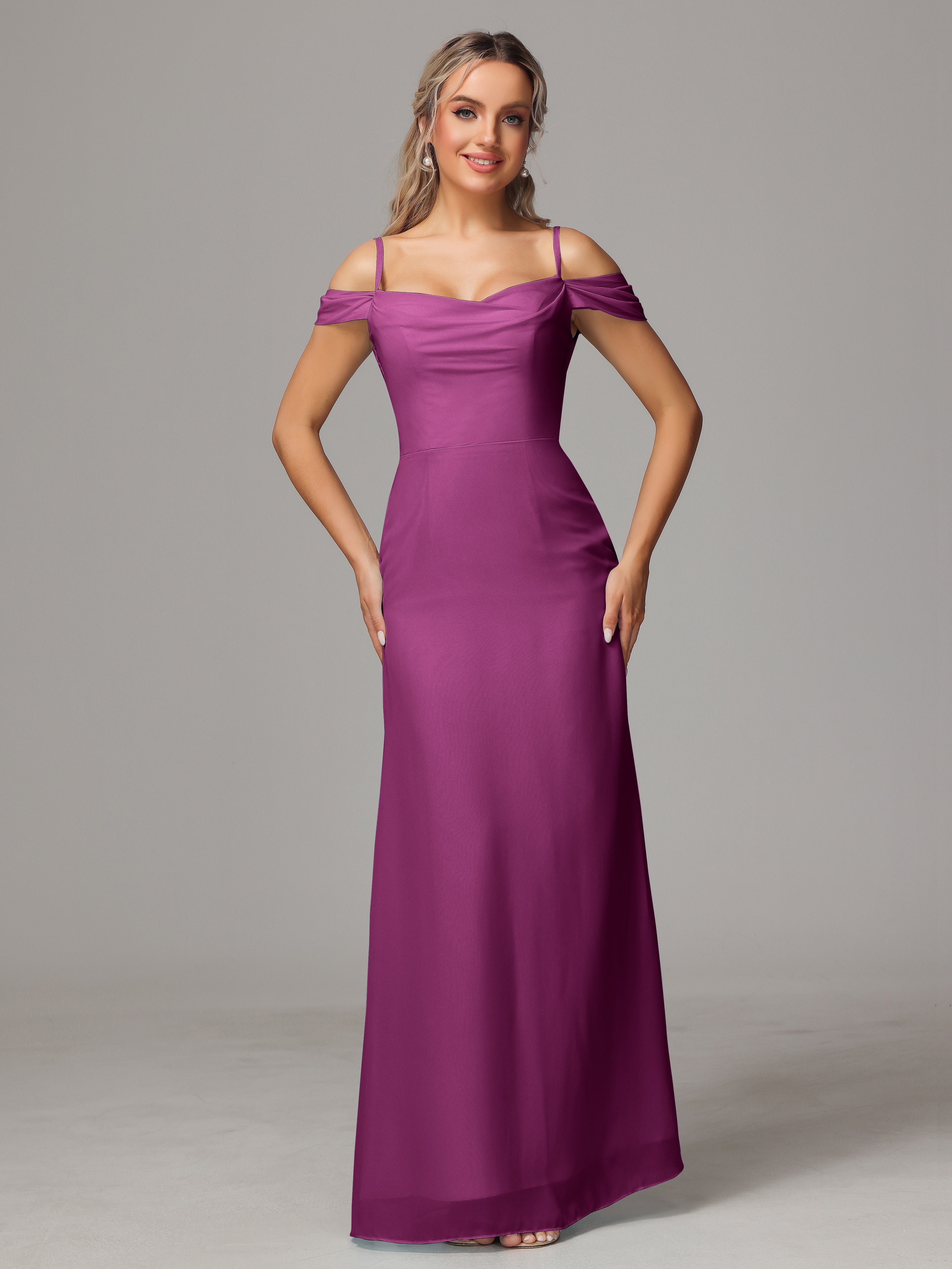 Robes De Demoiselle D'Honneur Orchidée Accueil Froid Trapèze Mousseline Longue Robes Demoiselle D'Honneur