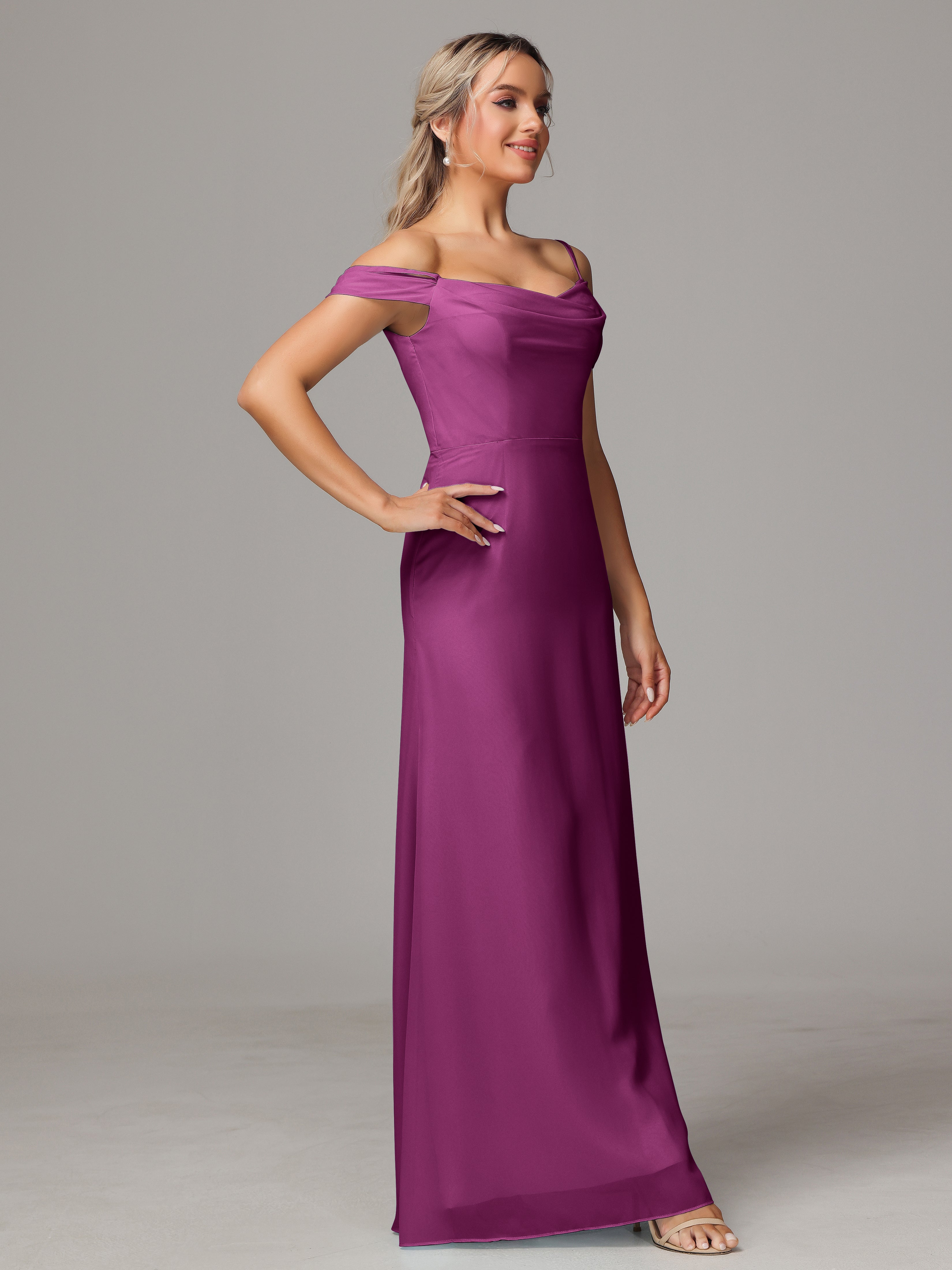 Robes De Demoiselle D'Honneur Orchidée Accueil Froid Trapèze Mousseline Longue Robes Demoiselle D'Honneur