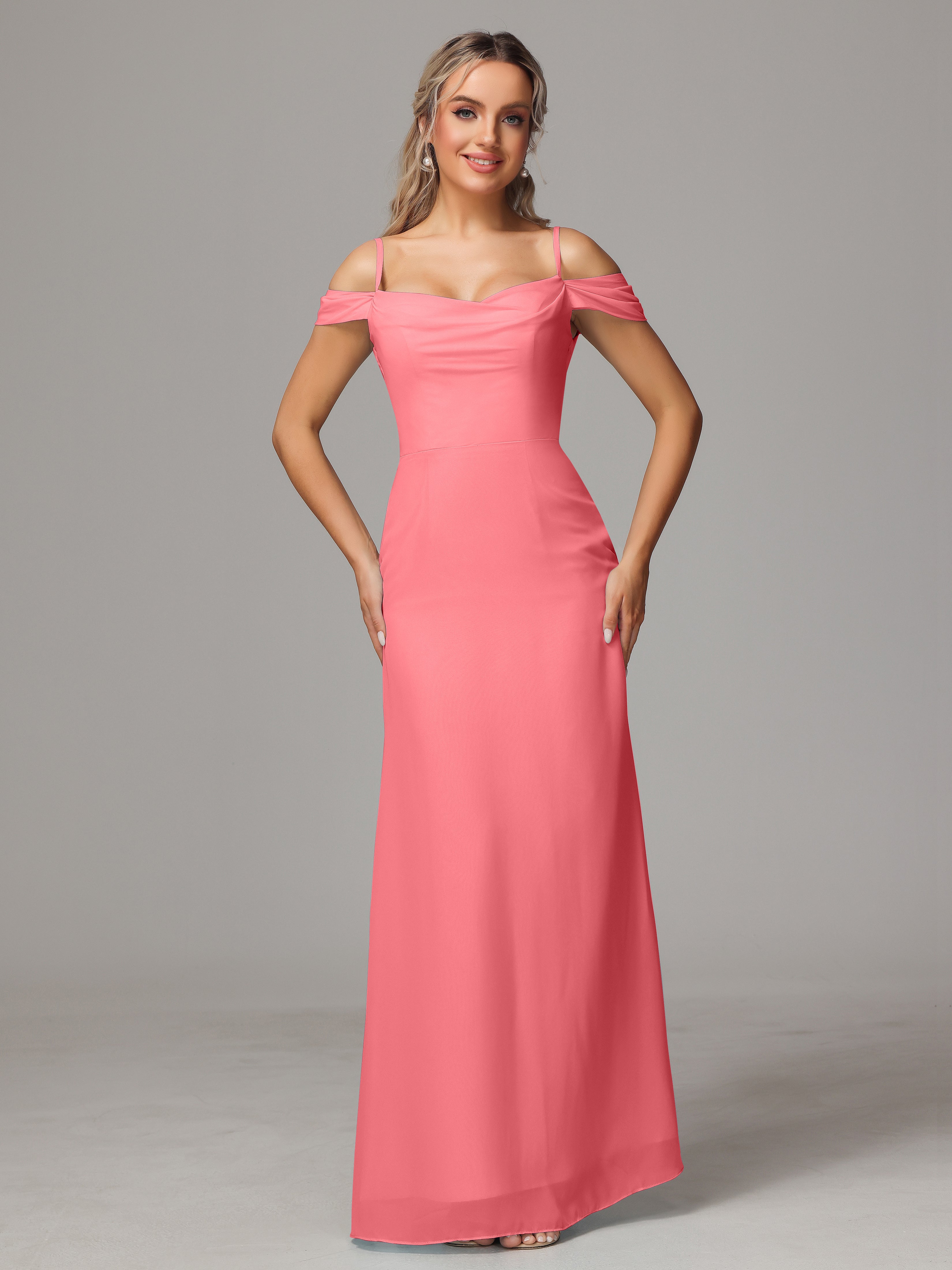 Robes De Demoiselle D'Honneur Pastèque Accueil Froid Trapèze Mousseline Longue Robes Demoiselle D'Honneur