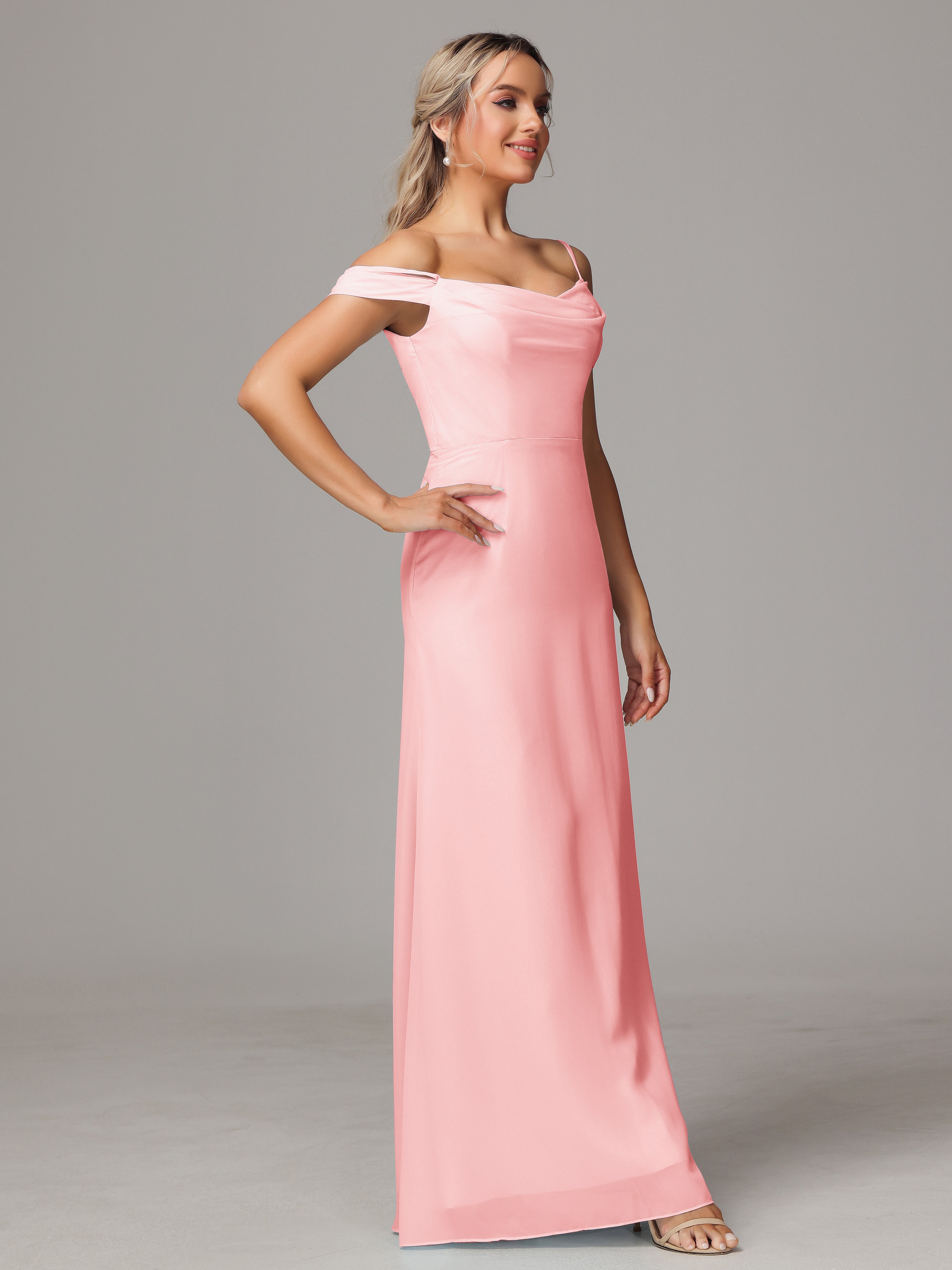 Robes De Demoiselle D'Honneur De Couleur Rose Accueil Froid Trapèze Mousseline Longue Robes Demoiselle D'Honneur