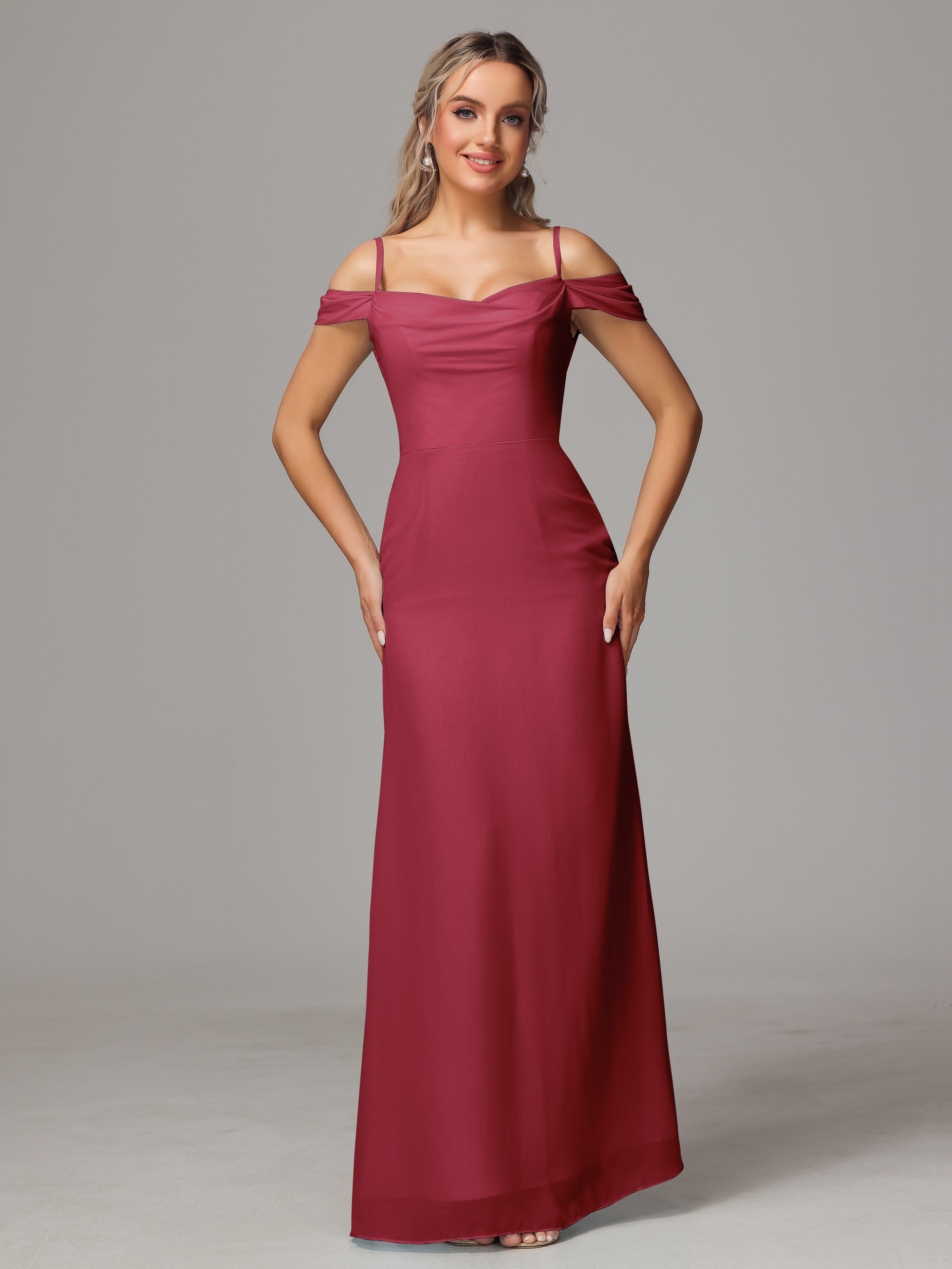 Robes De Demoiselle D'Honneur Rose Cannelle Accueil Froid Trapèze Mousseline Longue Robes Demoiselle D'Honneur