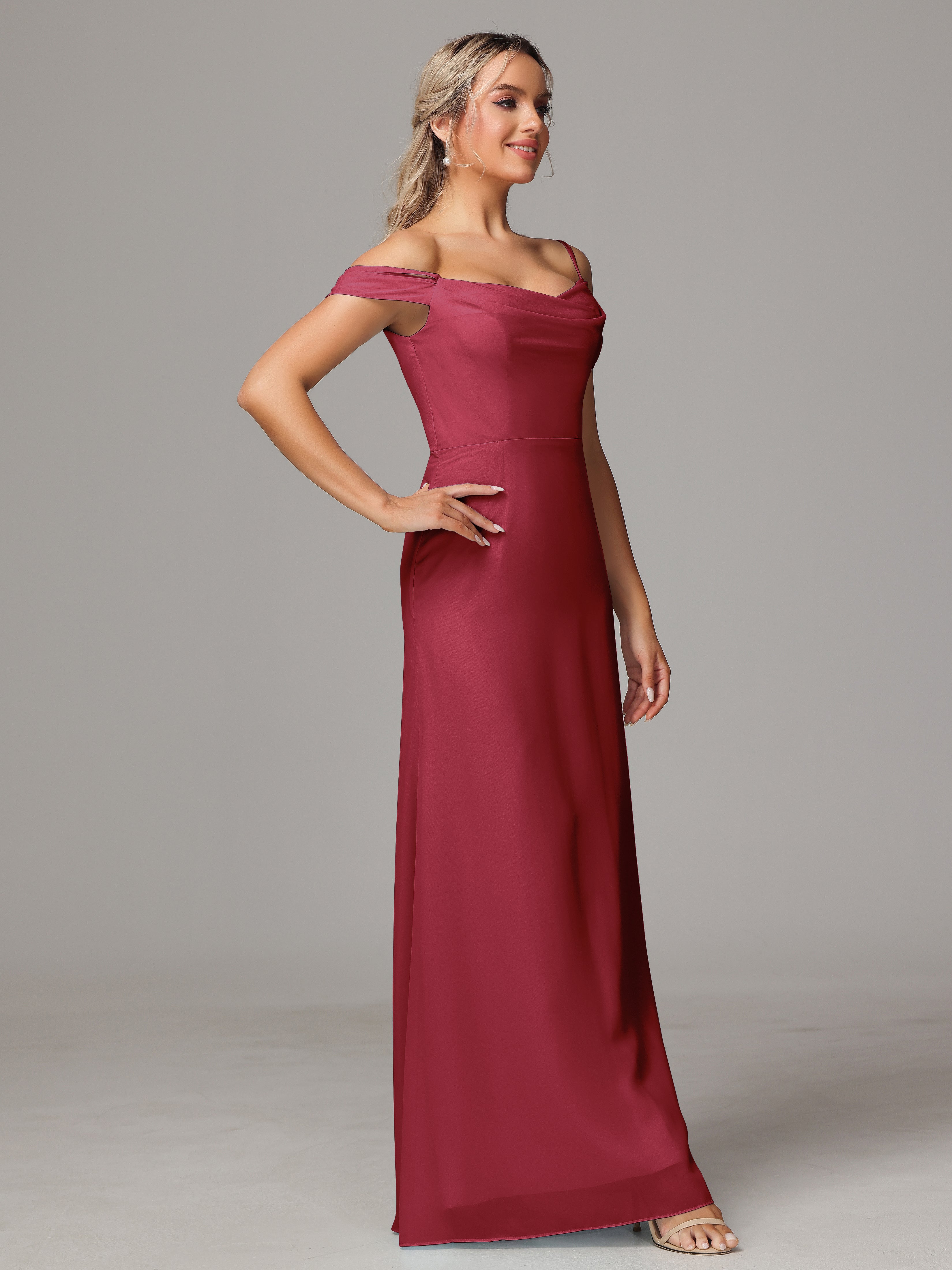 Robes De Demoiselle D'Honneur Rose Cannelle Accueil Froid Trapèze Mousseline Longue Robes Demoiselle D'Honneur