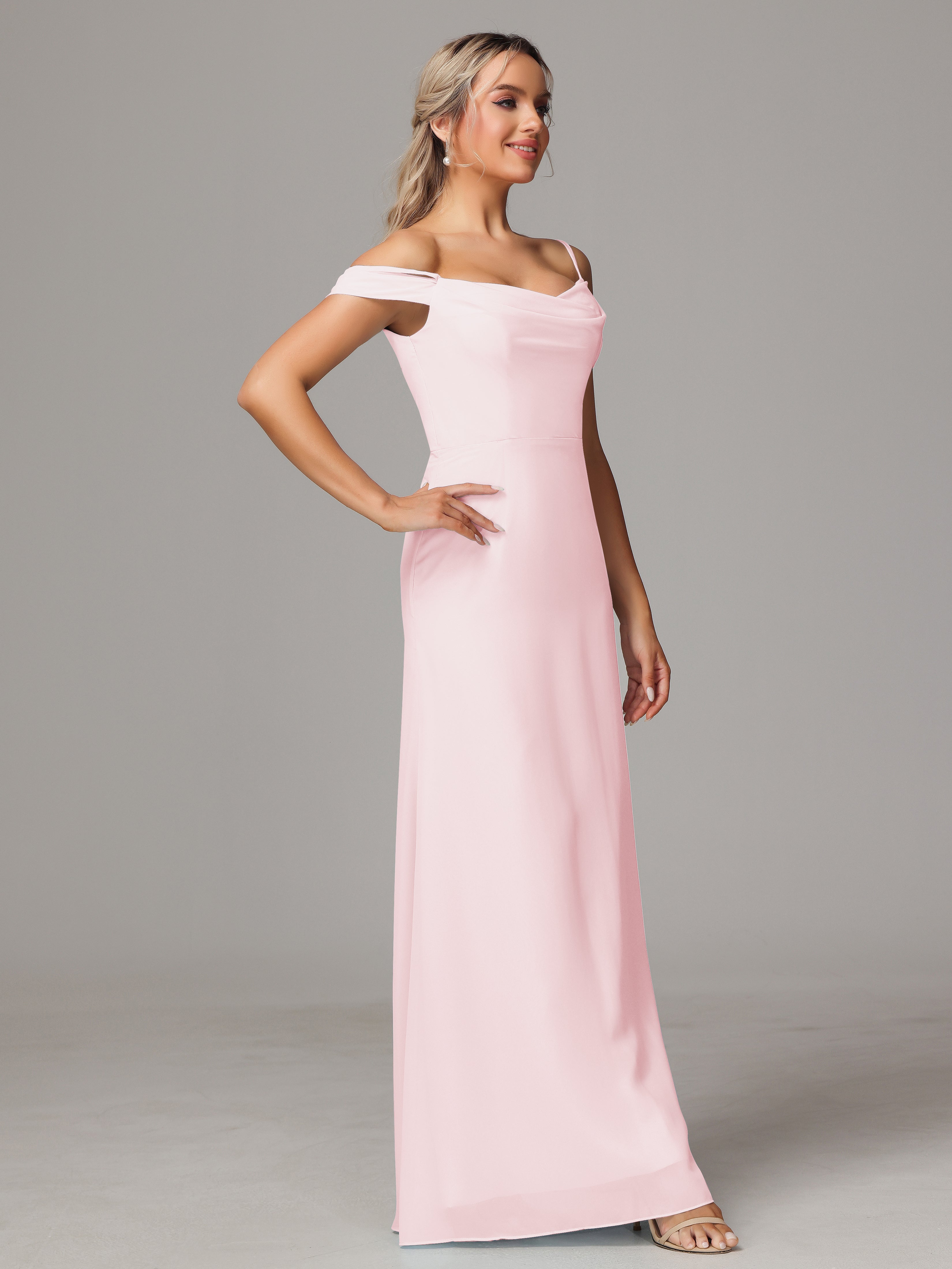 Robes Demoiselle D Honneur Rose Pale Accueil Froid Trapèze Mousseline Longue Robes Demoiselle D'Honneur