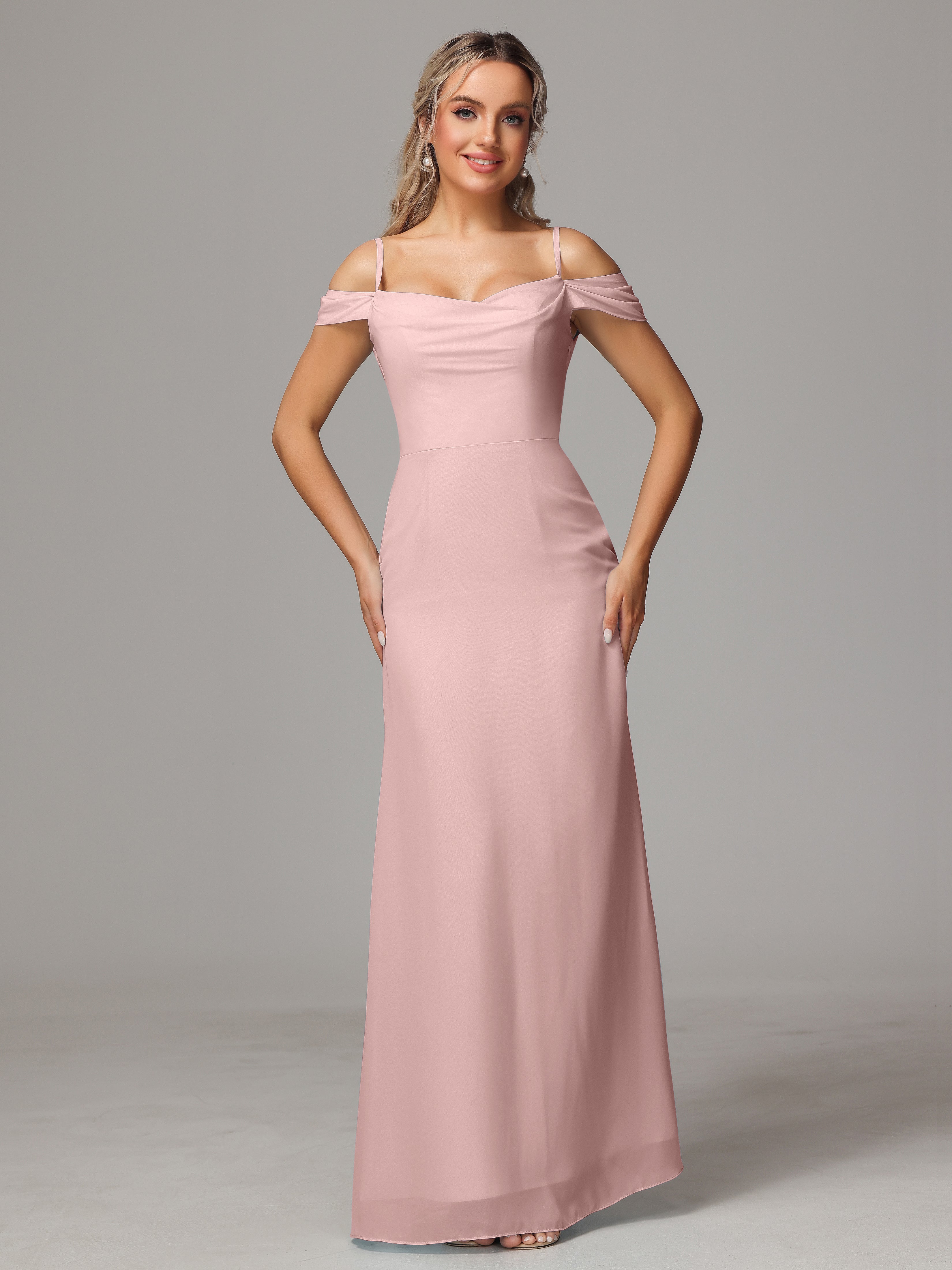 Toutes Les Robes De Demoiselle D'Honneur De Rose Poudrée Accueil Froid Trapèze Mousseline Longue Robes Demoiselle D'Honneur