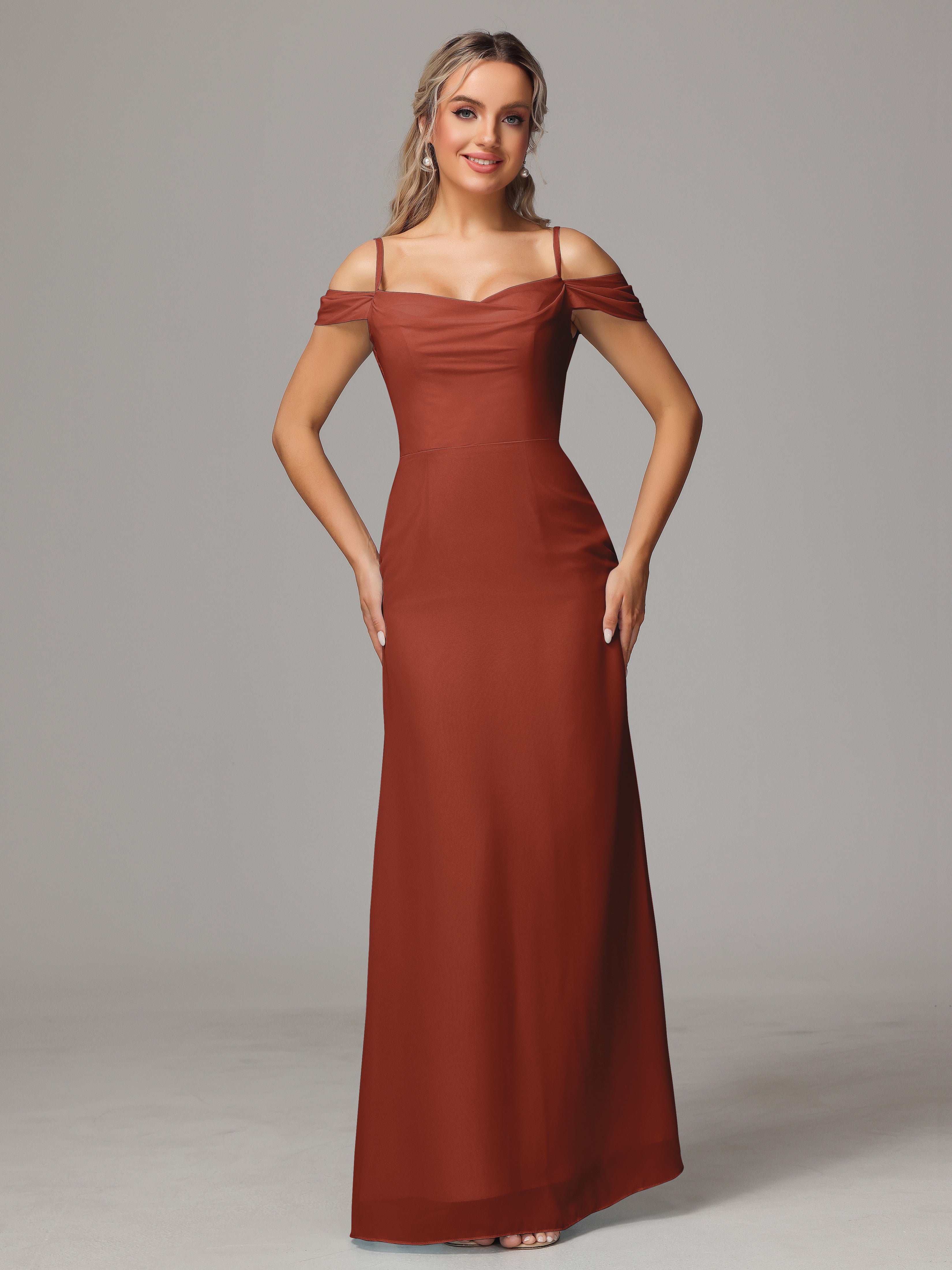 Robes De Demoiselle D'Honneur De Rouille Accueil Froid Trapèze Mousseline Longue Robes Demoiselle D'Honneur