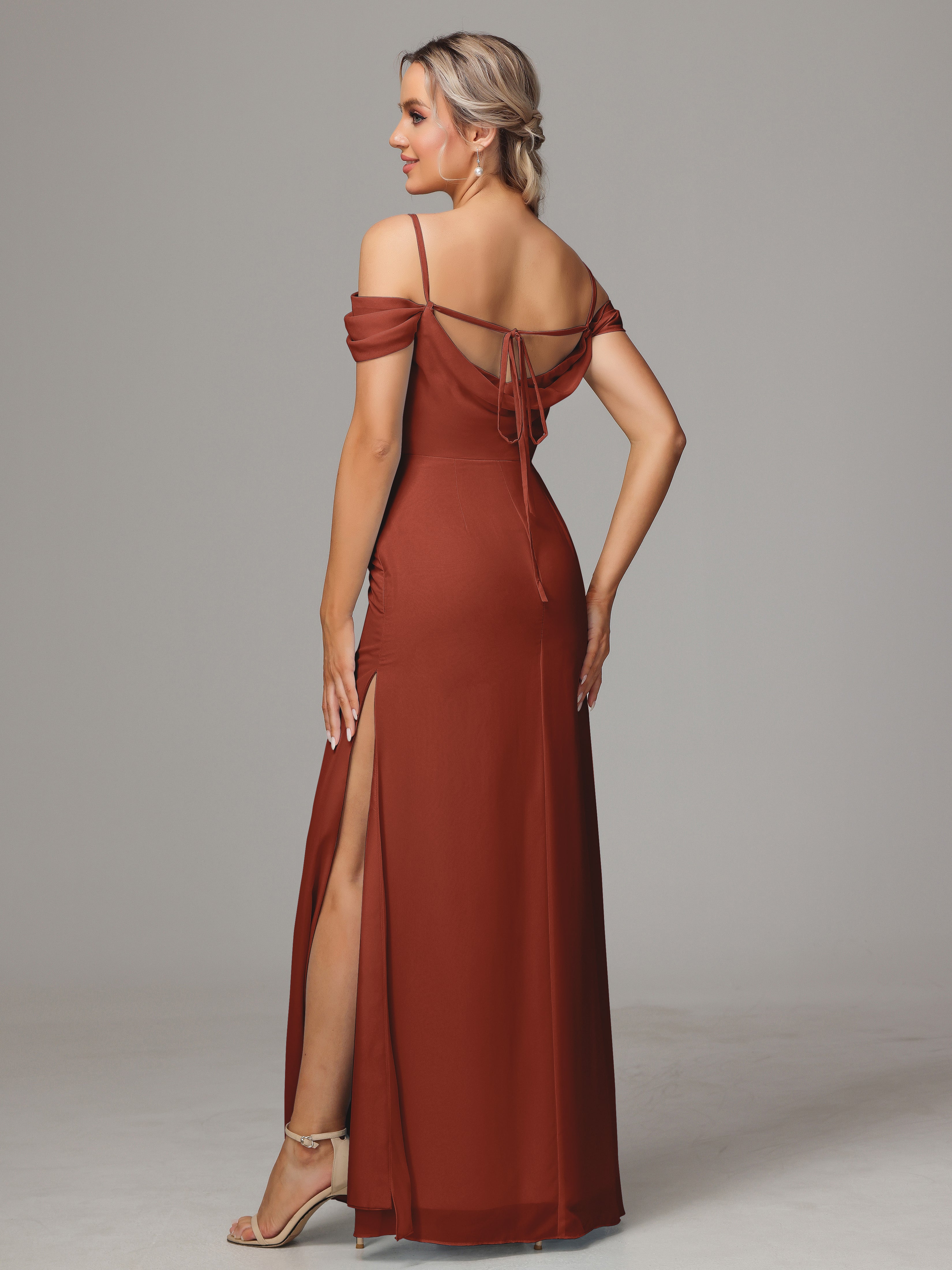 Robes De Demoiselle D'Honneur De Rouille Accueil Froid Trapèze Mousseline Longue Robes Demoiselle D'Honneur