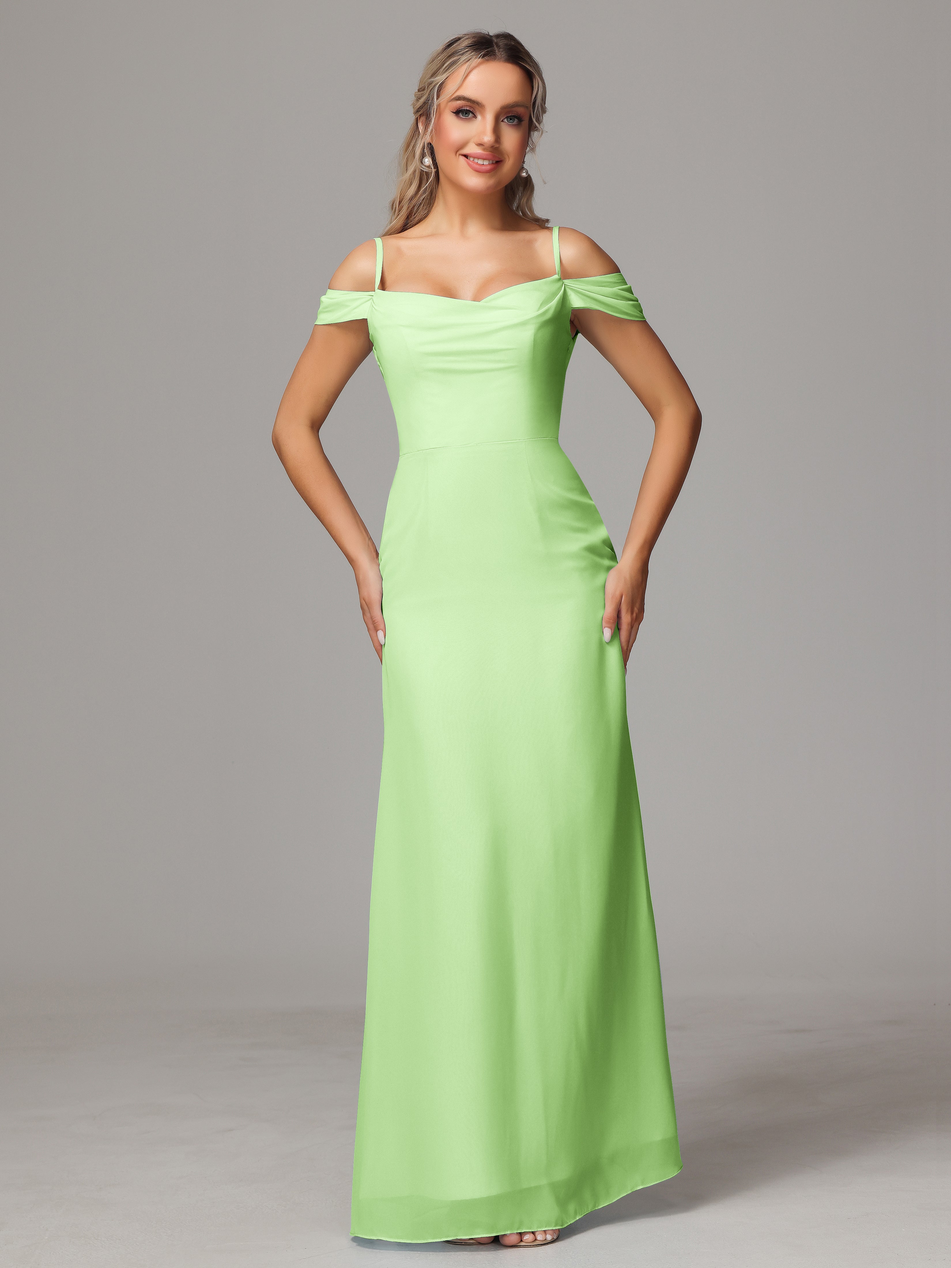 Robe Sauge Demoiselle D Honneur Accueil Froid Trapèze Mousseline Longue Robes Demoiselle D'Honneur