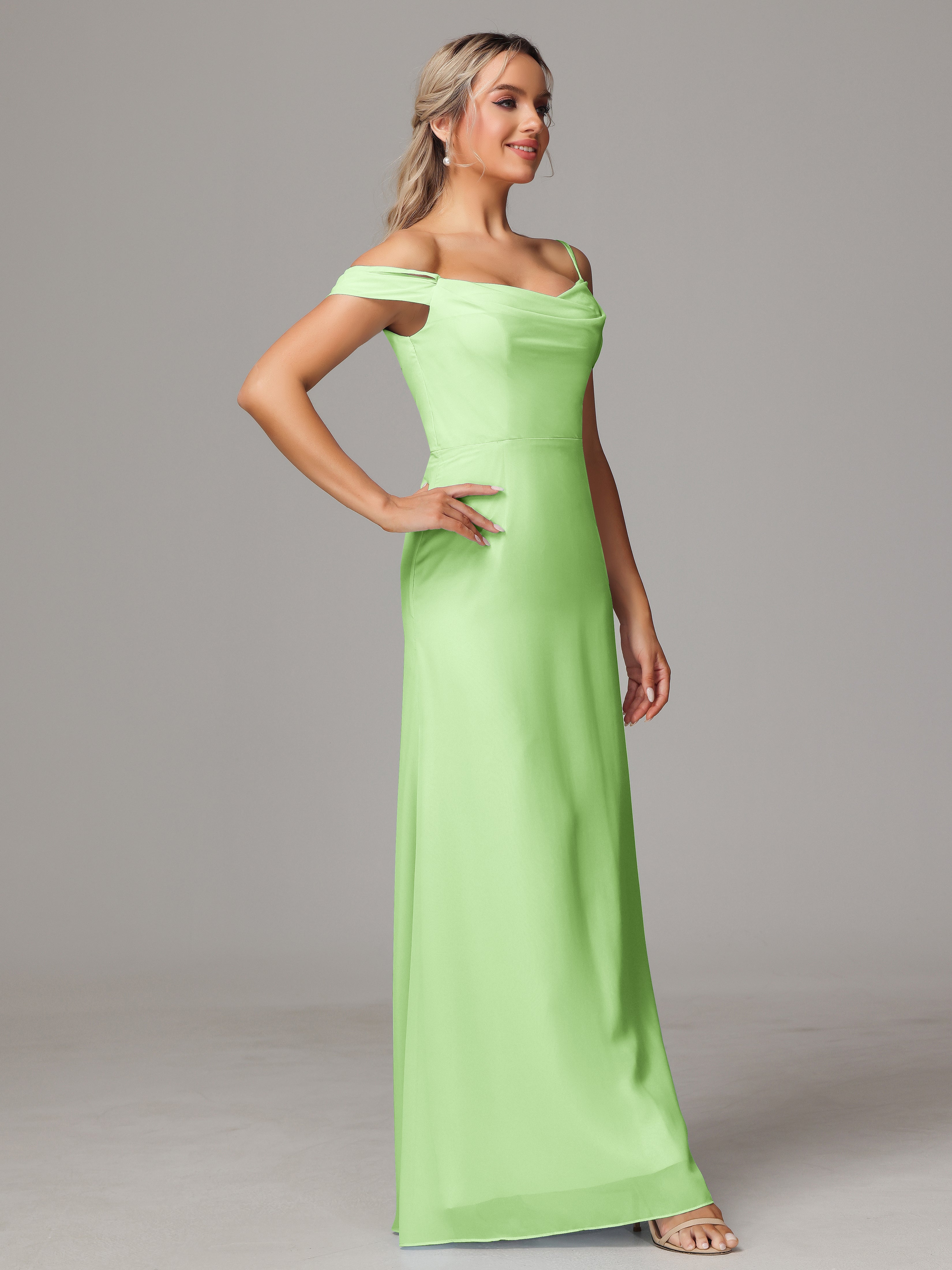 Robe Sauge Demoiselle D Honneur Accueil Froid Trapèze Mousseline Longue Robes Demoiselle D'Honneur