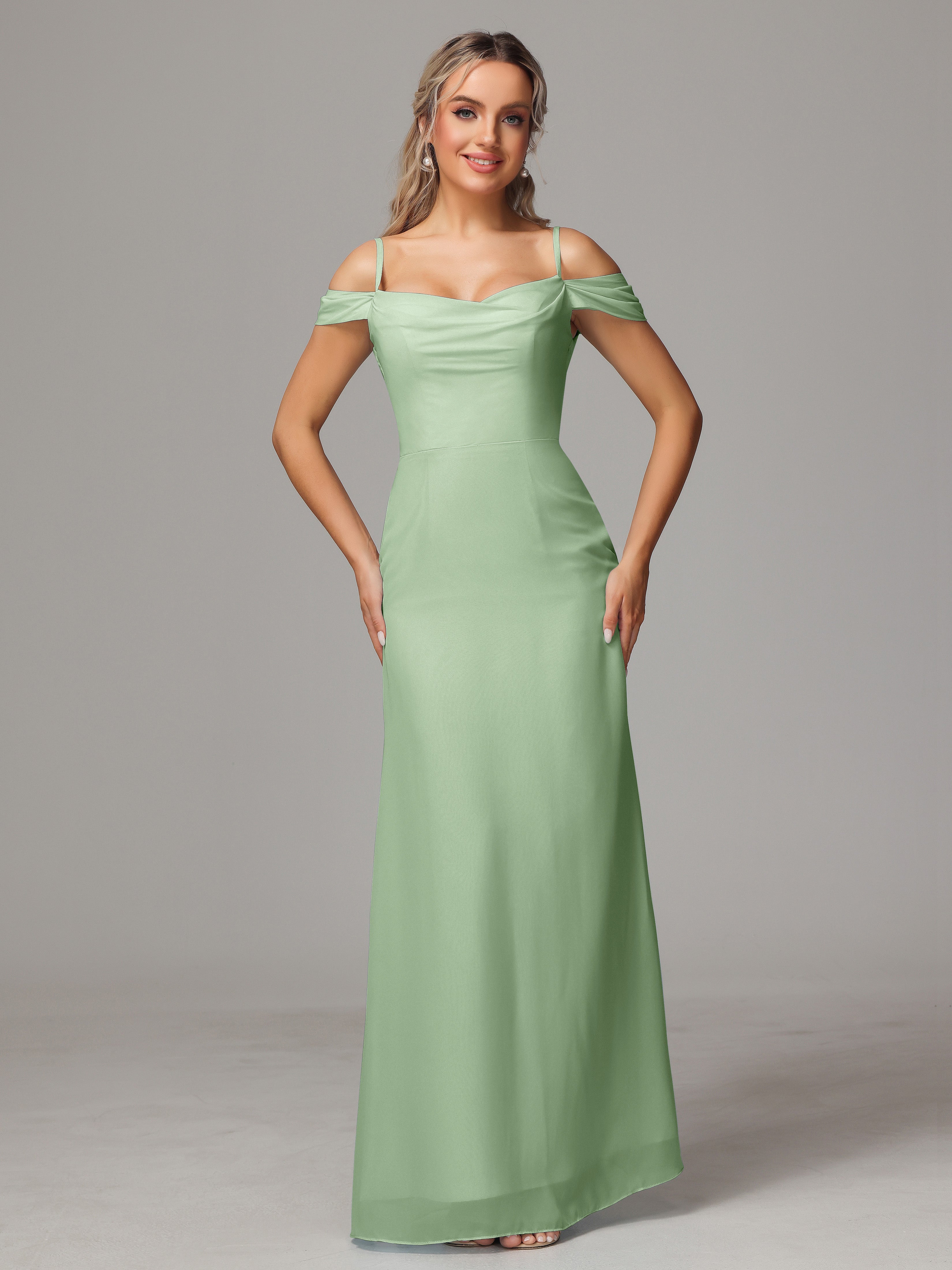 Robe De Demoiselle D'Honneur De Sauge Poussiéreuse Au Sol Accueil Froid Trapèze Mousseline Longue Robes Demoiselle D'Honneur