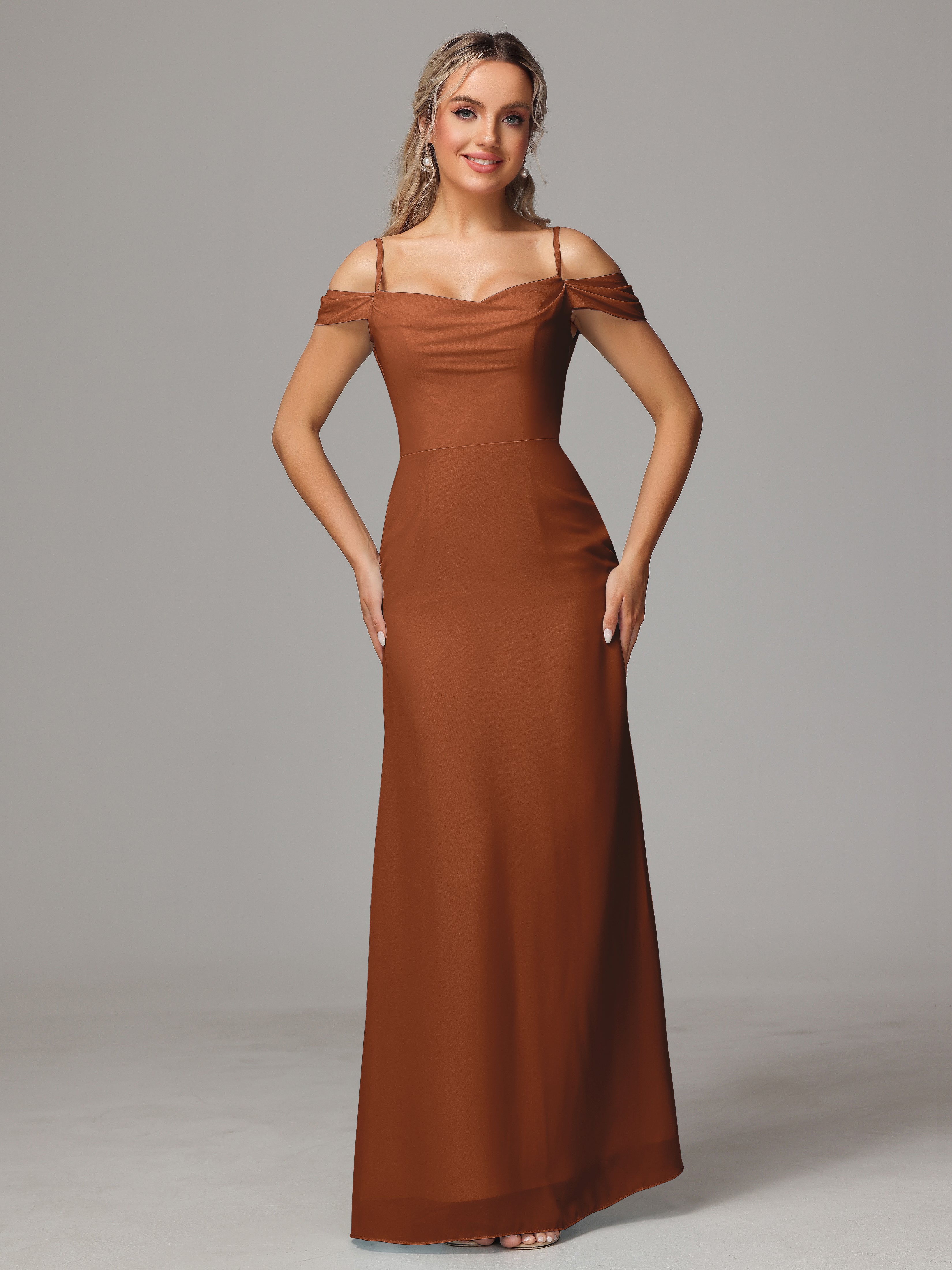 Robe Demoiselle D Honneur Terracotta Accueil Froid Trapèze Mousseline Longue Robes Demoiselle D'Honneur