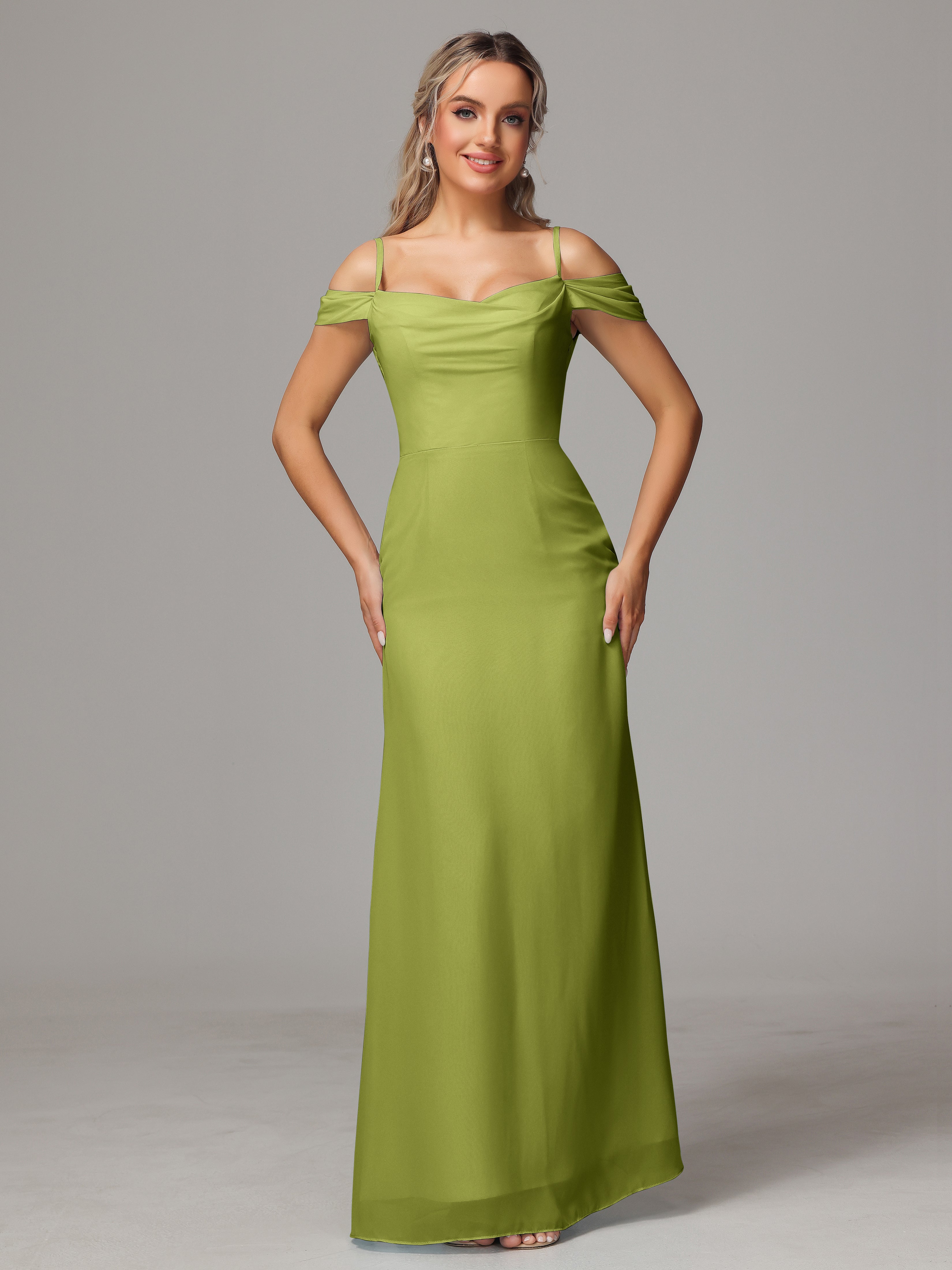 Robes De Demoiselle D'Honneur Trèfle Accueil Froid Trapèze Mousseline Longue Robes Demoiselle D'Honneur