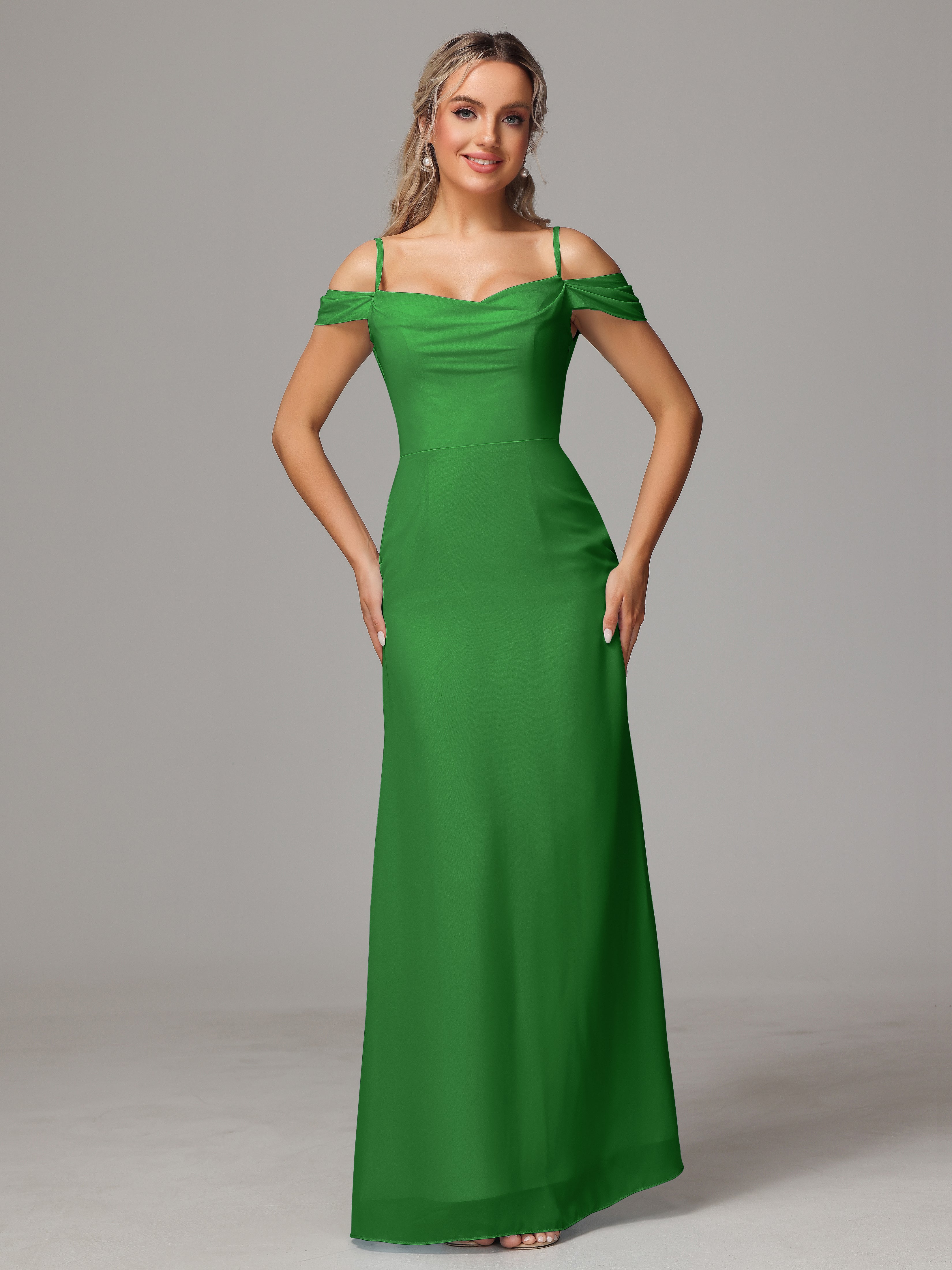 Demoiselle D Honneur Vert Accueil Froid Trapèze Mousseline Longue Robes Demoiselle D'Honneur