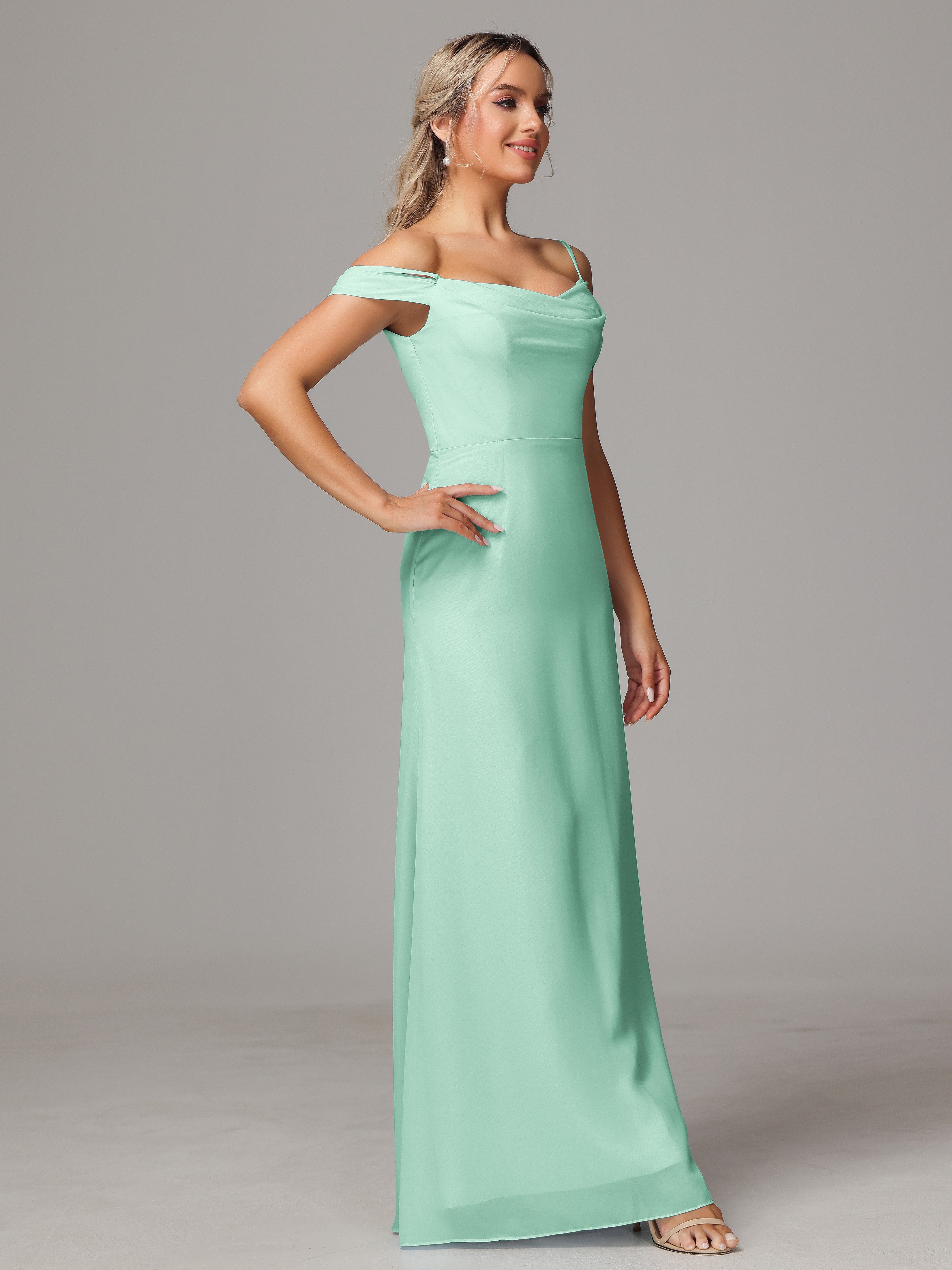 Robe Demoiselle D Honneur Menthe Accueil Froid Trapèze Mousseline Longue Robes Demoiselle D'Honneur