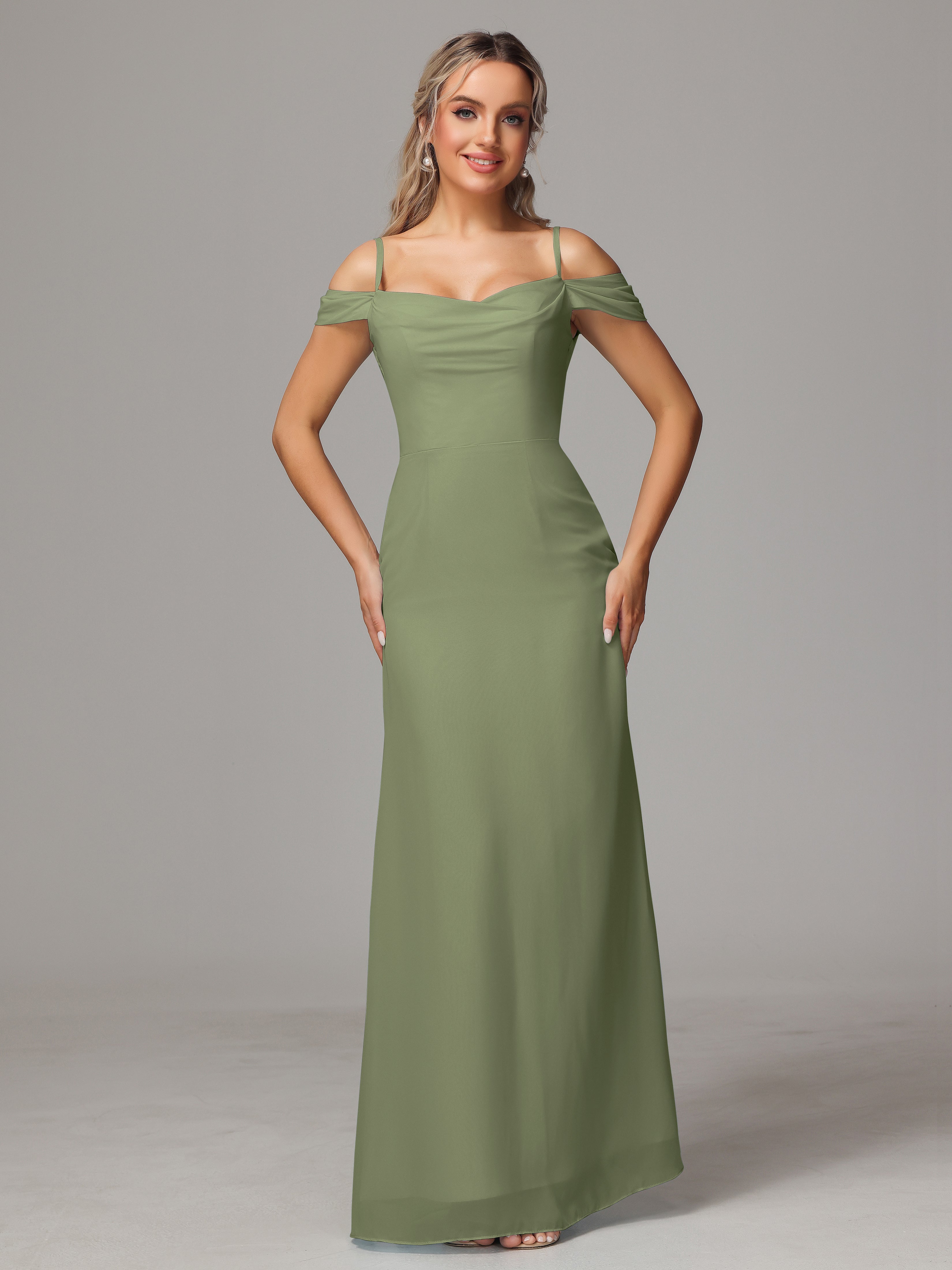 Robes De Demoiselle D'Honneur Vert Olive Clair Accueil Froid Trapèze Mousseline Longue Robes Demoiselle D'Honneur