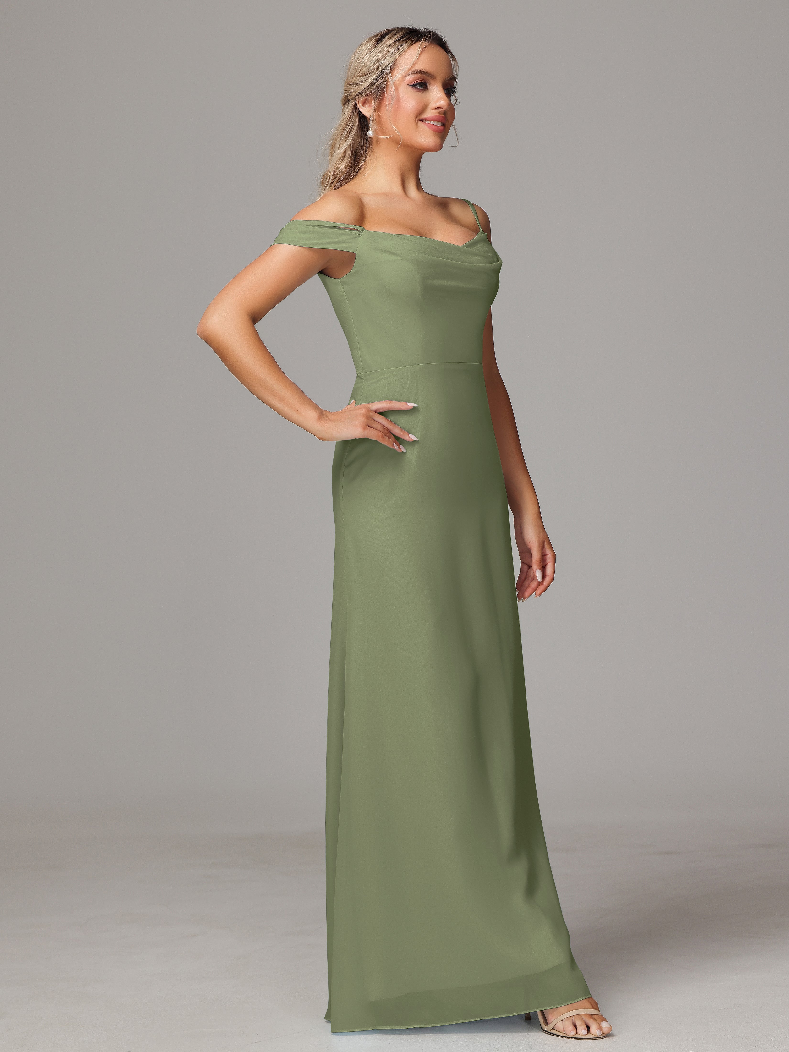 Robes De Demoiselle D'Honneur Vert Olive Clair Accueil Froid Trapèze Mousseline Longue Robes Demoiselle D'Honneur