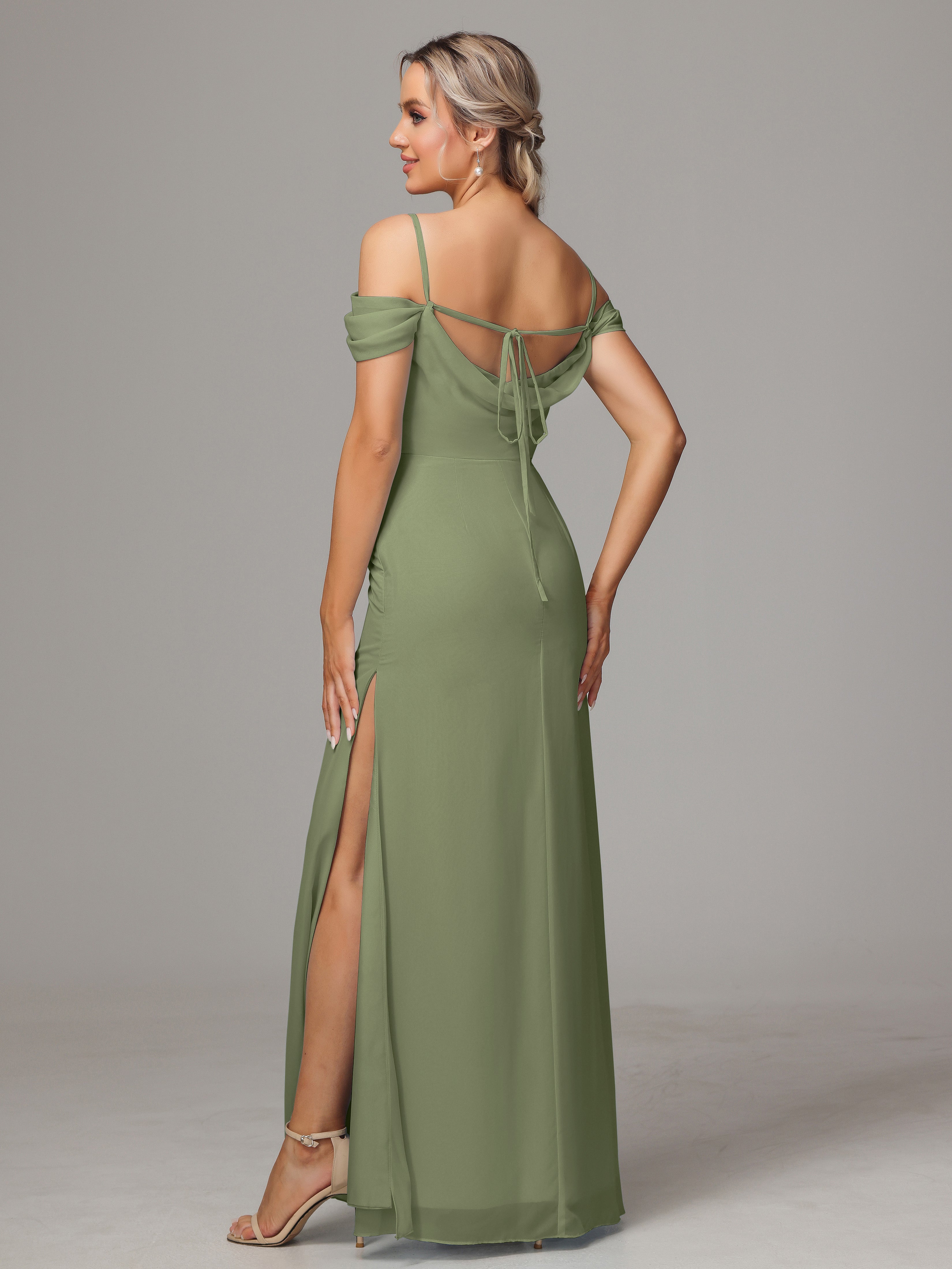 Robes De Demoiselle D'Honneur Vert Olive Clair Accueil Froid Trapèze Mousseline Longue Robes Demoiselle D'Honneur