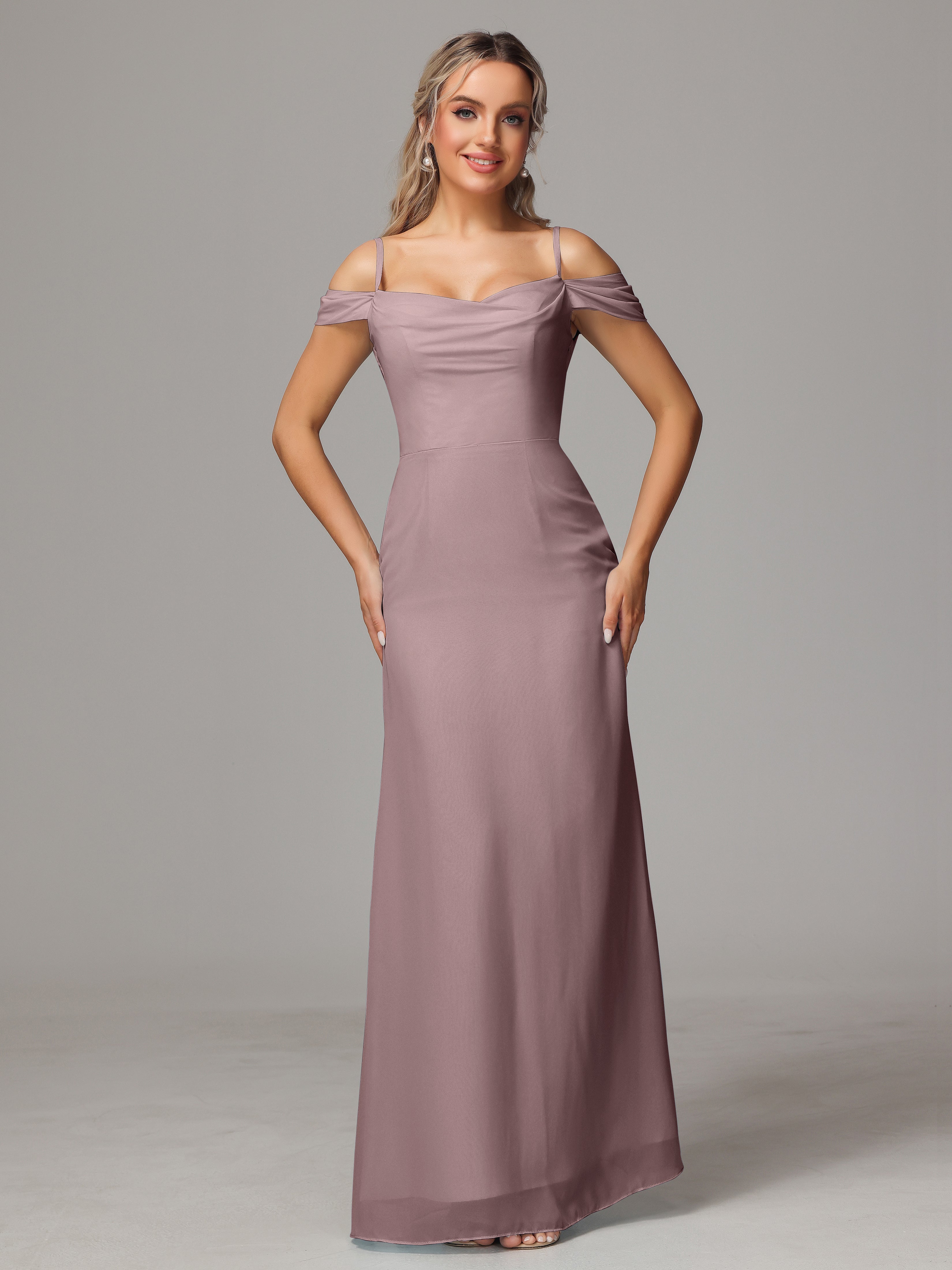 Robes De Demoiselle D'Honneur Mauve Foncé Accueil Froid Trapèze Mousseline Longue Robes Demoiselle D'Honneur