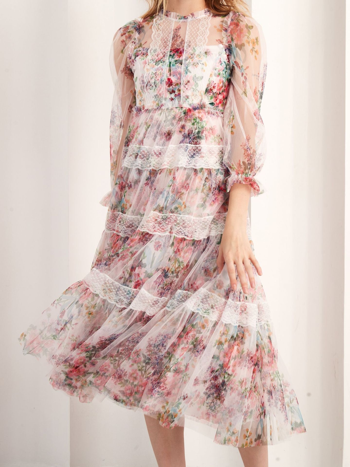 Trapèzes Manches 3/4 Mi-longue Florale Tulle Robes de Demoiselle d'Honneur en ROSE