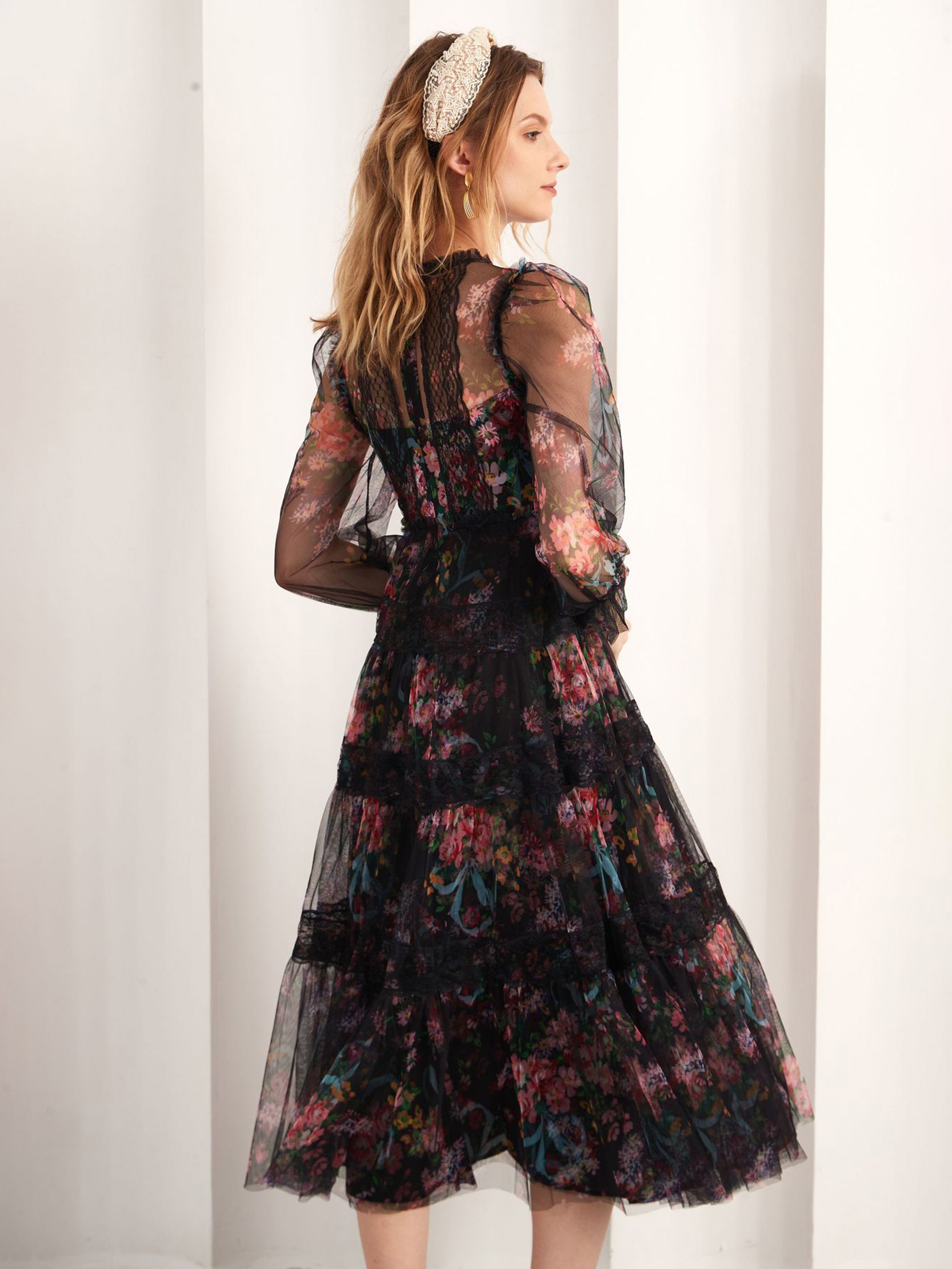 Trapèzes Florale Manches 3/4 Mi-longue Tulle Robes Invitée de Mariage en NOIR