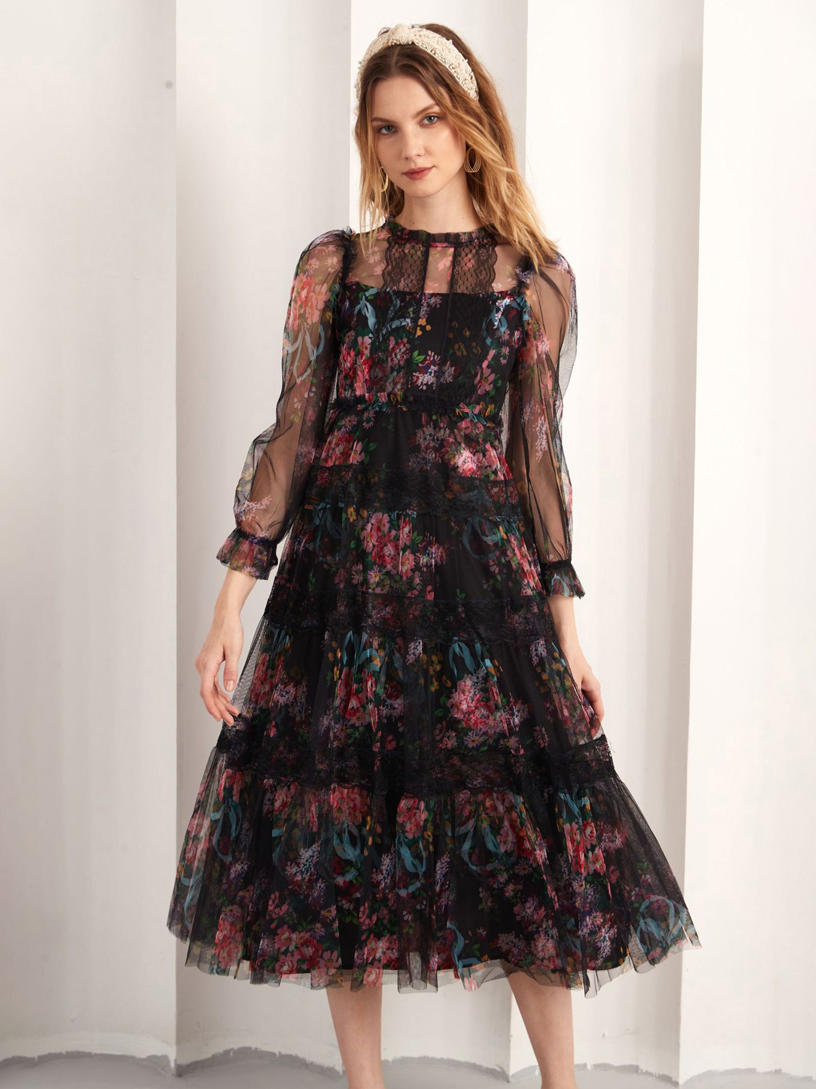 Trapèzes Florale Manches 3/4 Mi-longue Tulle Robes Invitée de Mariage en NOIR