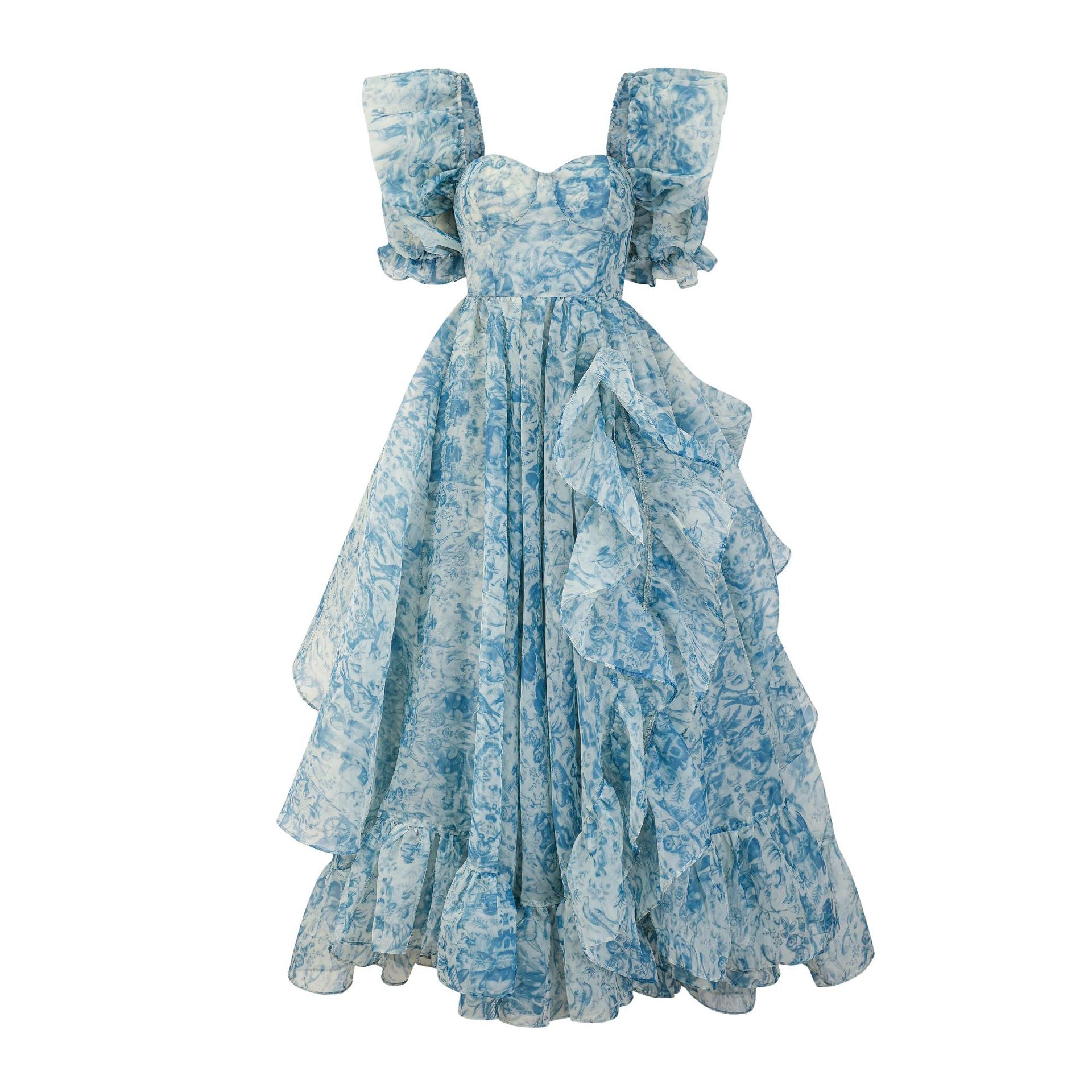 Trapèzes Manches Bouffantes Fendue Longueur ras du sol Robe de Demoiselle d'Honneur Florale en BLEU