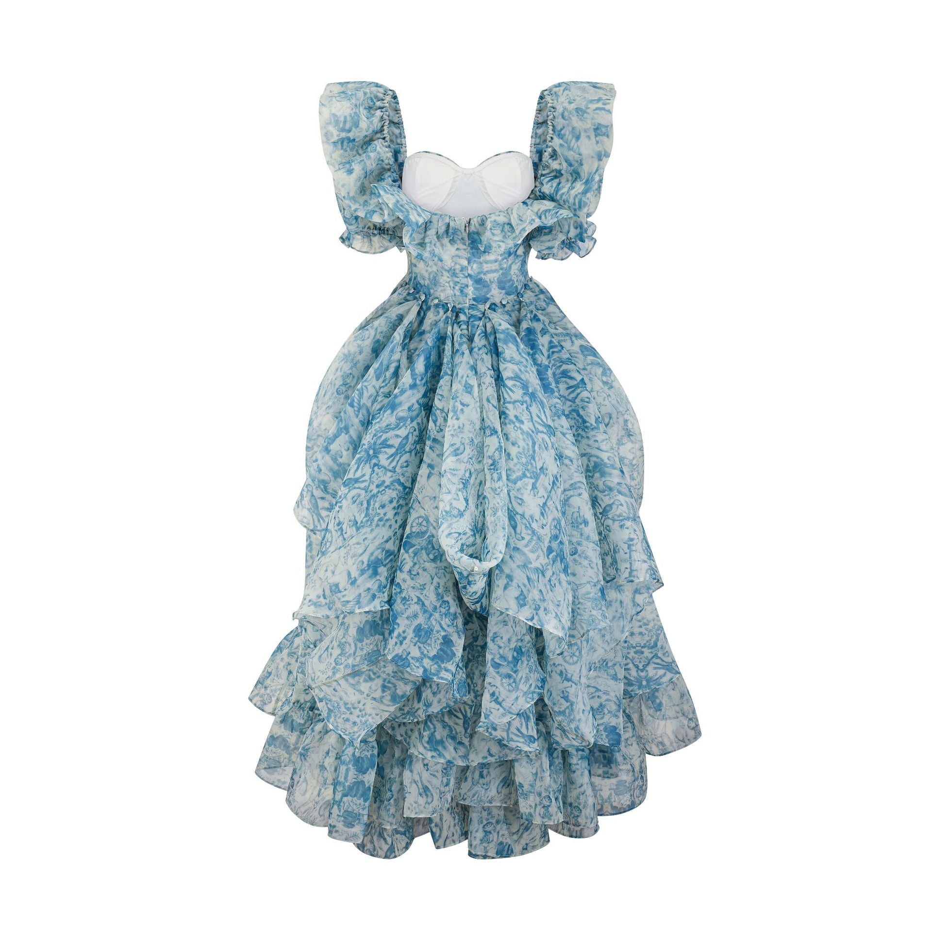 Trapèzes Manches Bouffantes Fendue Longueur ras du sol Robe de Demoiselle d'Honneur Florale en BLEU