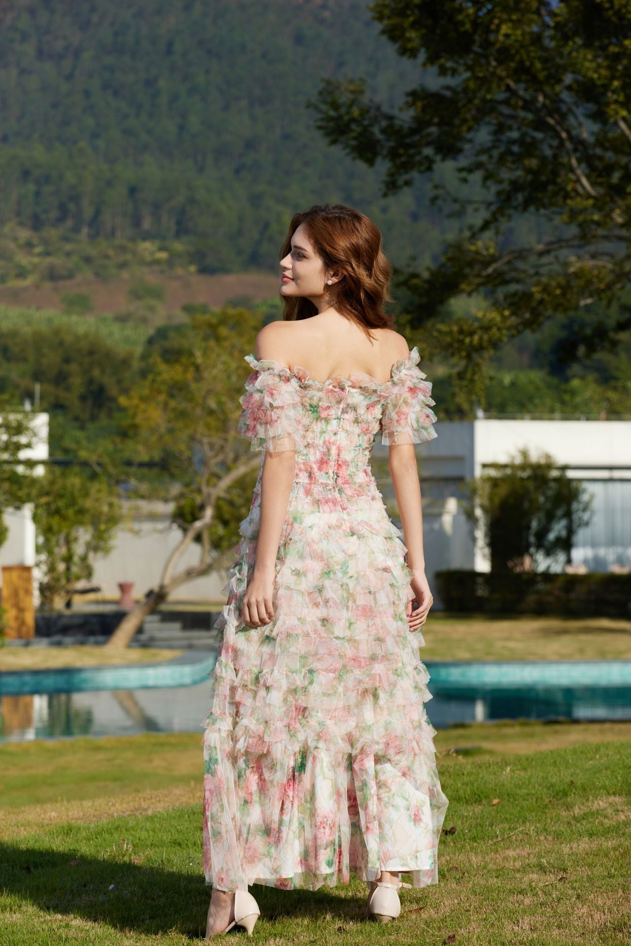 Trapèzes Mancherons Épaules Dénudées Longueur Ras du Sol Robe de Demoiselle d'Honneur en ROSE