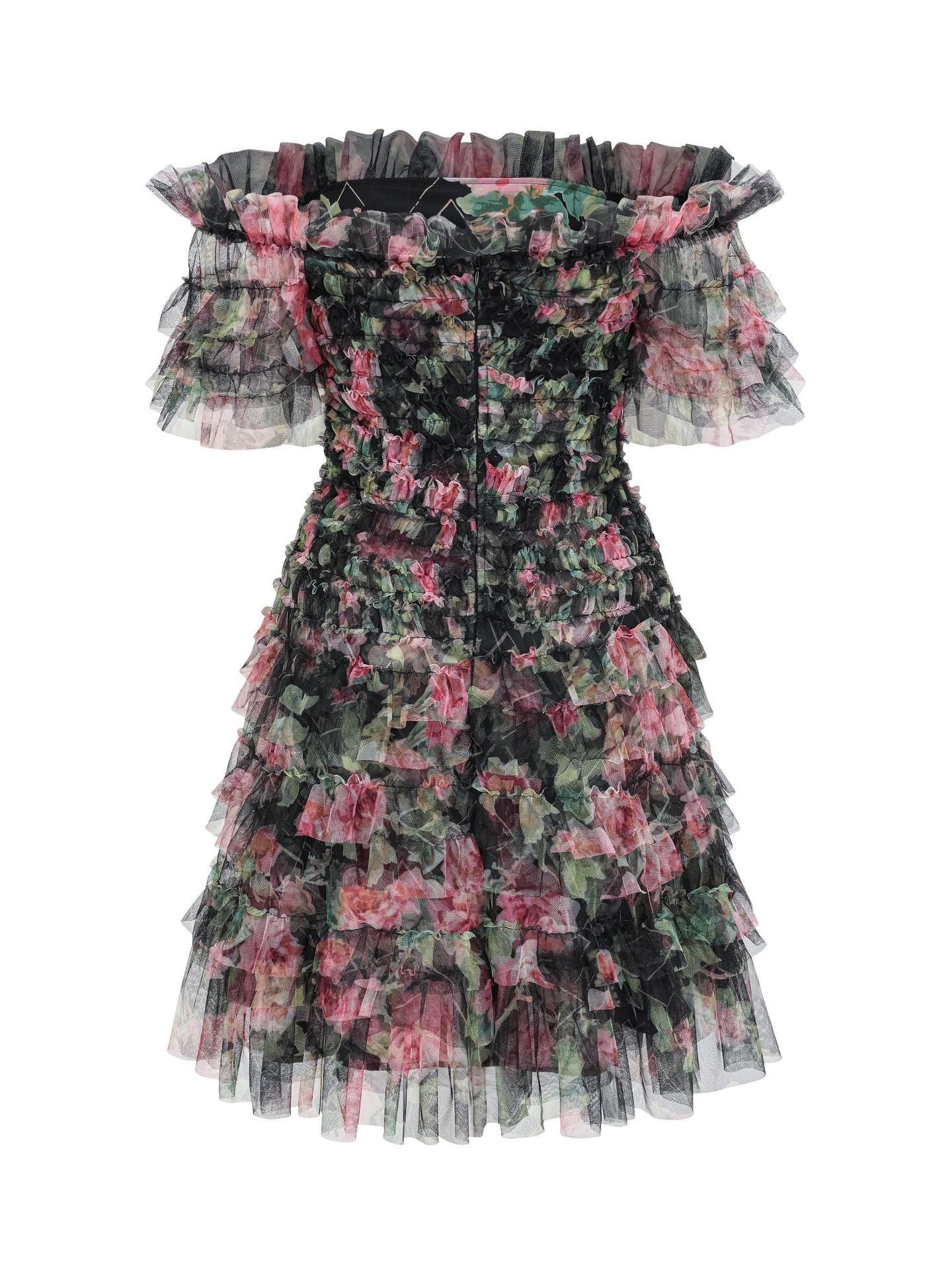 Trapèzes Longueur Genou Robe de Demoiselle d'Honneur Florale à Épaules Dénudées en NOIR