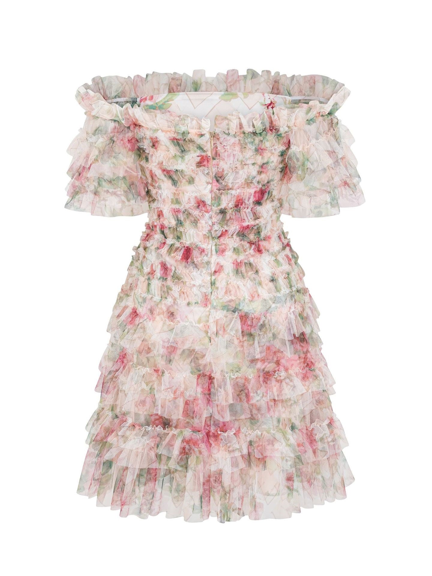 Trapèzes Longueur Genou Robe de Demoiselle d'Honneur Florale à Épaules Dénudées en ROSE