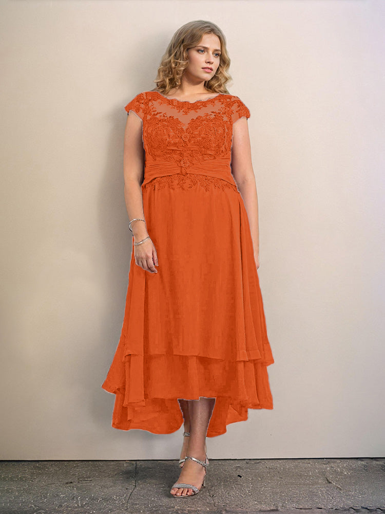 Grande Taille Trapèzes Col rond Mancherons Robes Demoiselle d’Honneur Haute et basse Mousseline avec Appliques