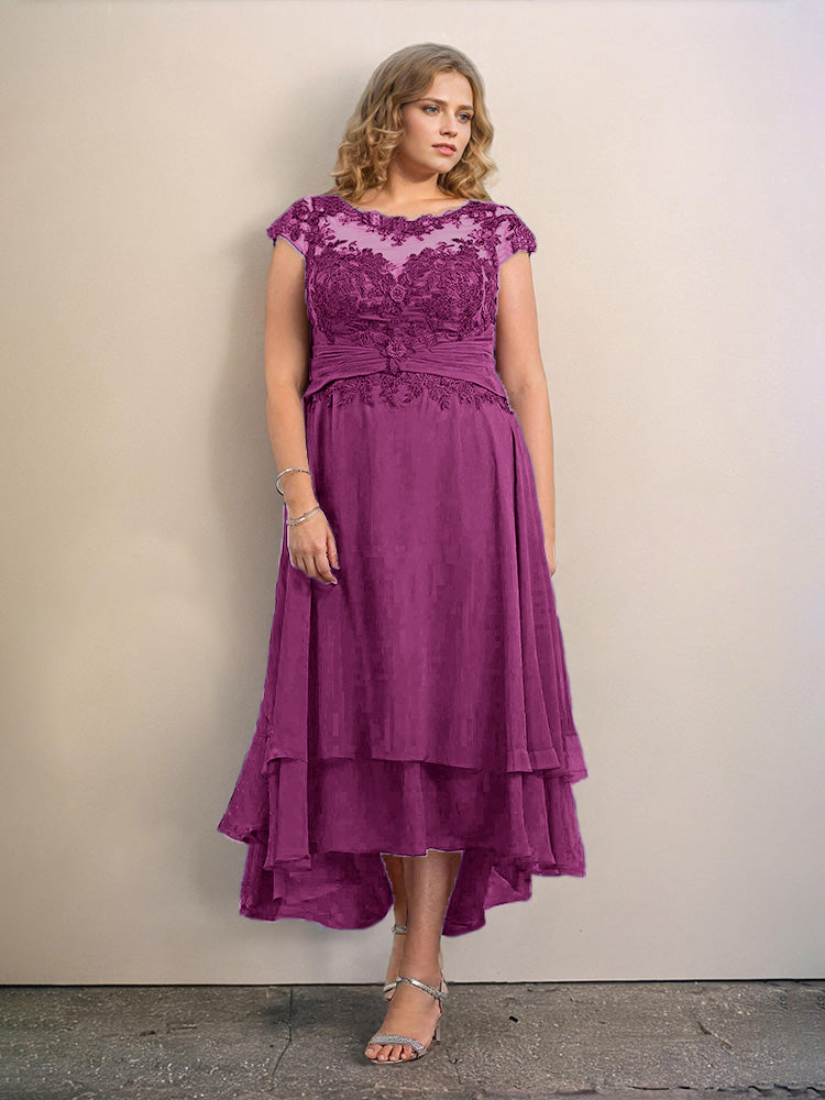 Grande Taille Trapèzes Col rond Mancherons Robes Demoiselle d’Honneur Haute et basse Mousseline avec Appliques