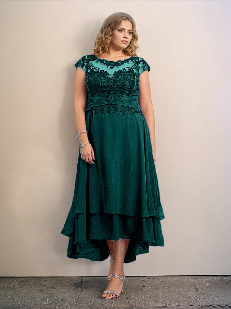 Grande Taille Trapèzes Col rond Mancherons Robes Demoiselle d’Honneur Haute et basse Mousseline avec Appliques