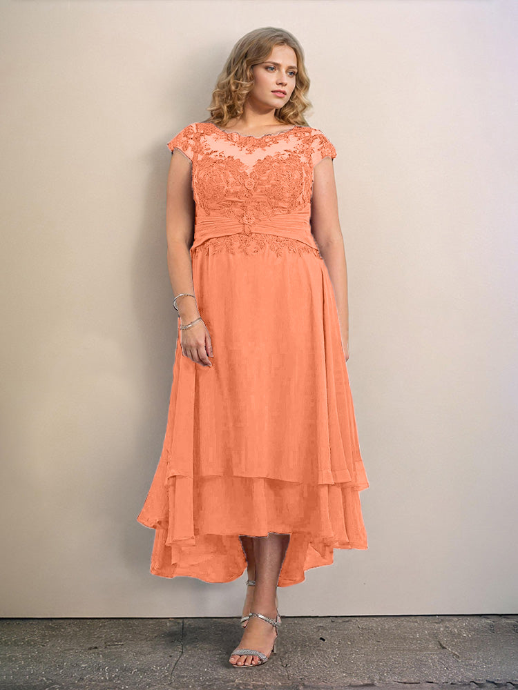 Grande Taille Trapèzes Col rond Mancherons Robes Demoiselle d’Honneur Haute et basse Mousseline avec Appliques