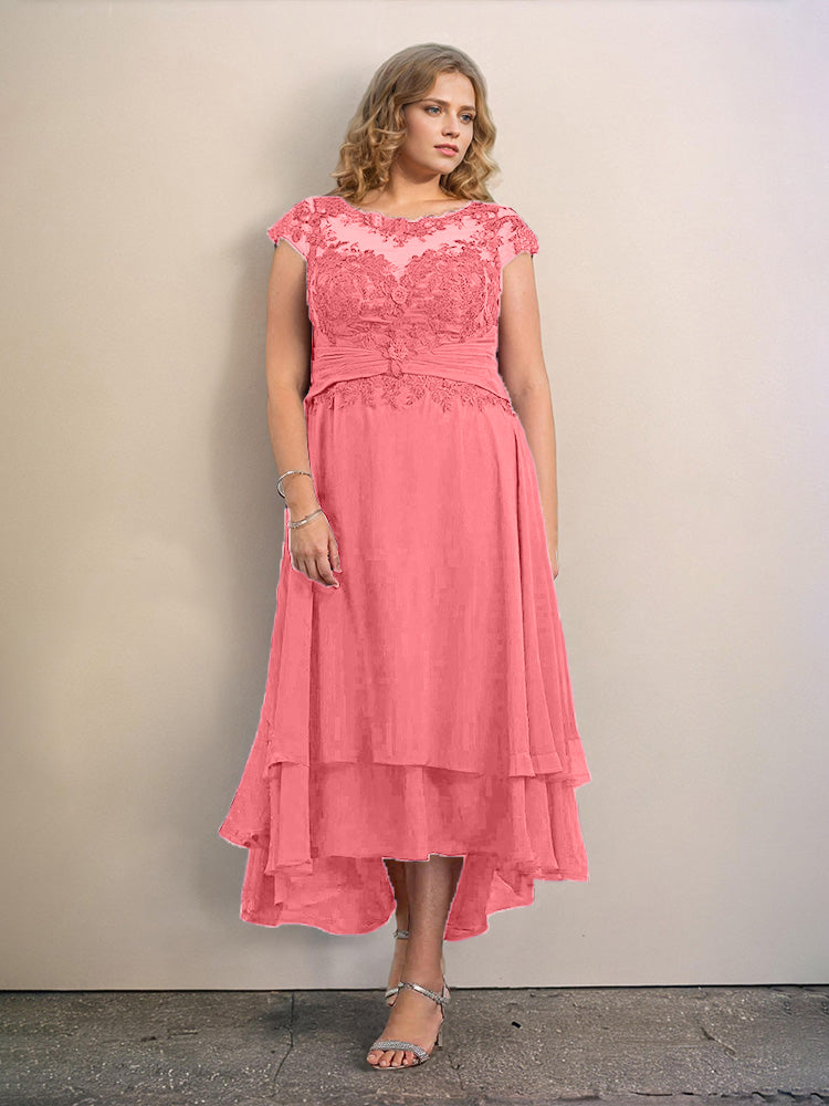 Grande Taille Trapèzes Col rond Mancherons Robes Demoiselle d’Honneur Haute et basse Mousseline avec Appliques