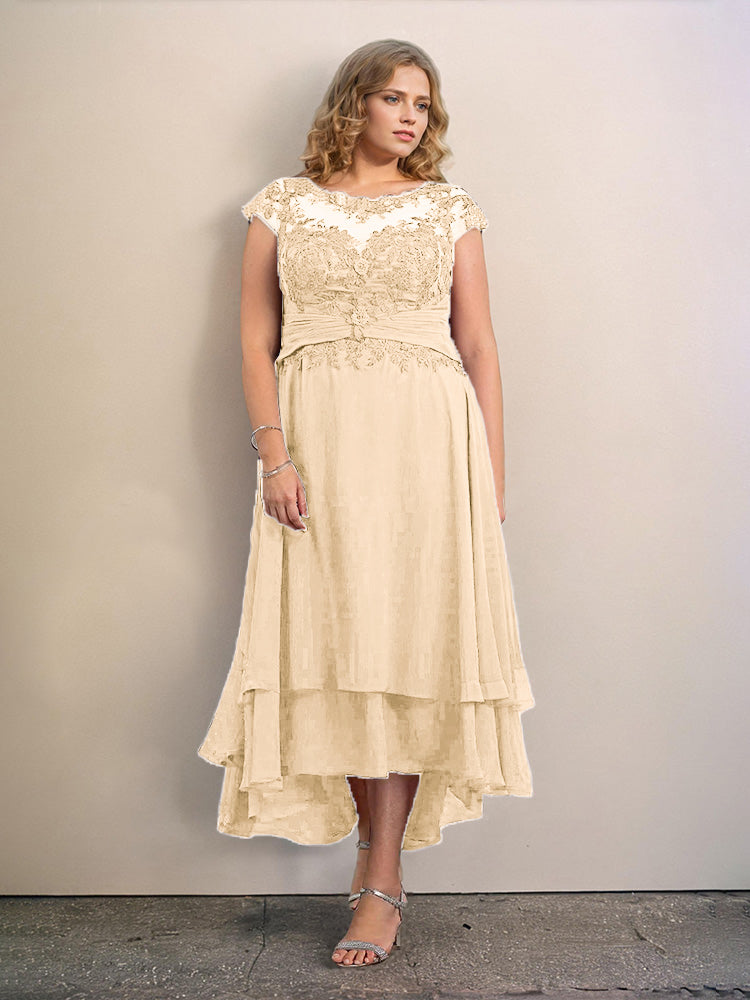 Grande Taille Trapèzes Col rond Mancherons Robes Demoiselle d’Honneur Haute et basse Mousseline avec Appliques