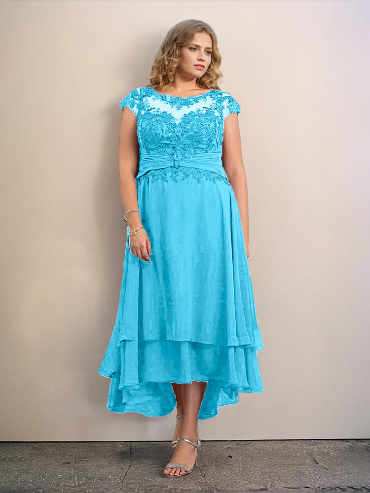 Grande Taille Trapèzes Col rond Mancherons Robes Demoiselle d’Honneur Haute et basse Mousseline avec Appliques