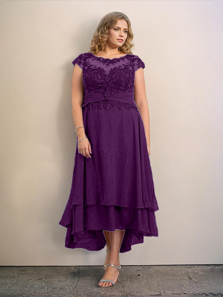 Grande Taille Trapèzes Col rond Mancherons Robes Demoiselle d’Honneur Haute et basse Mousseline avec Appliques