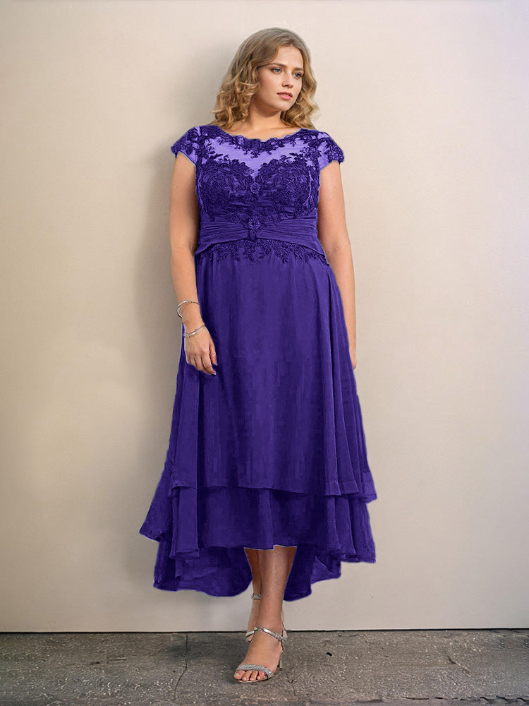 Grande Taille Trapèzes Col rond Mancherons Robes Demoiselle d’Honneur Haute et basse Mousseline avec Appliques