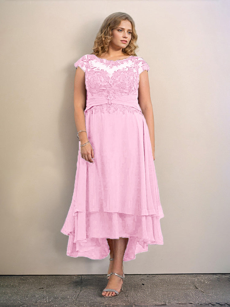Grande Taille Trapèzes Col rond Mancherons Robes Demoiselle d’Honneur Haute et basse Mousseline avec Appliques