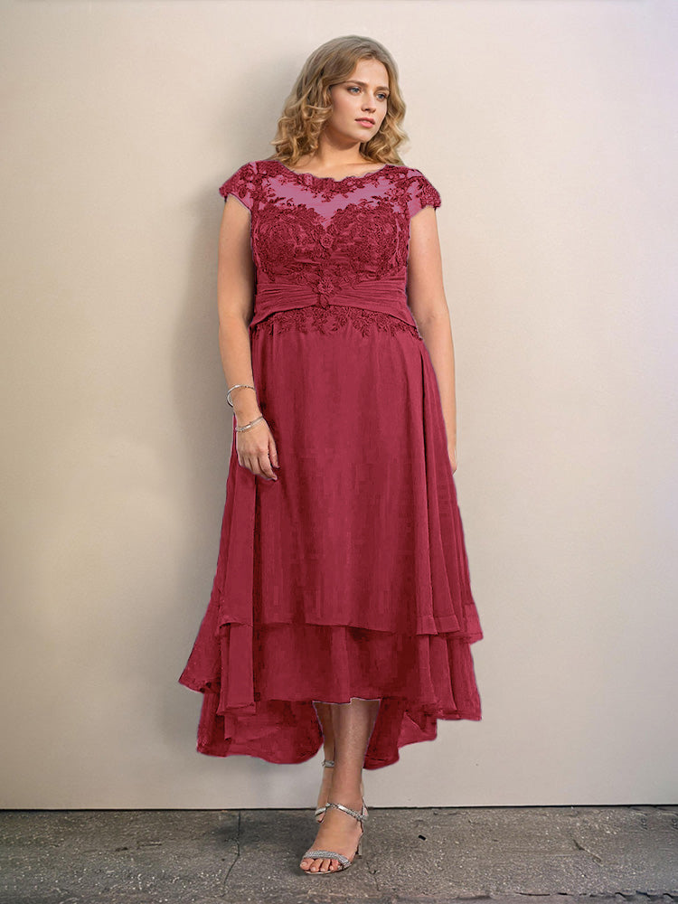 Grande Taille Trapèzes Col rond Mancherons Robes Demoiselle d’Honneur Haute et basse Mousseline avec Appliques