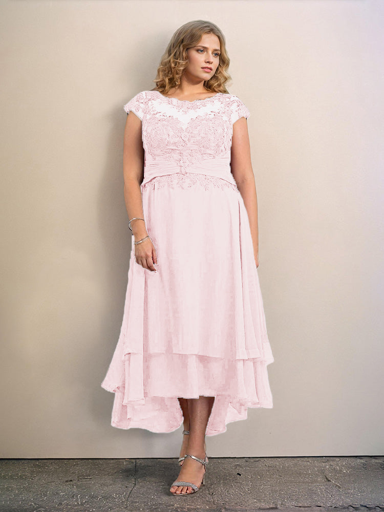 Grande Taille Trapèzes Col rond Mancherons Robes Demoiselle d’Honneur Haute et basse Mousseline avec Appliques