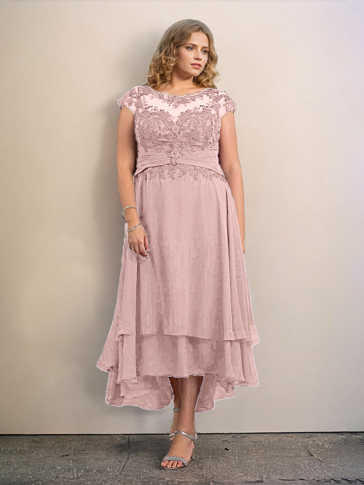 Grande Taille Trapèzes Col rond Mancherons Robes Demoiselle d’Honneur Haute et basse Mousseline avec Appliques