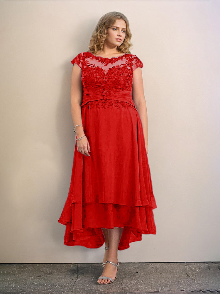 Grande Taille Trapèzes Col rond Mancherons Robes Demoiselle d’Honneur Haute et basse Mousseline avec Appliques