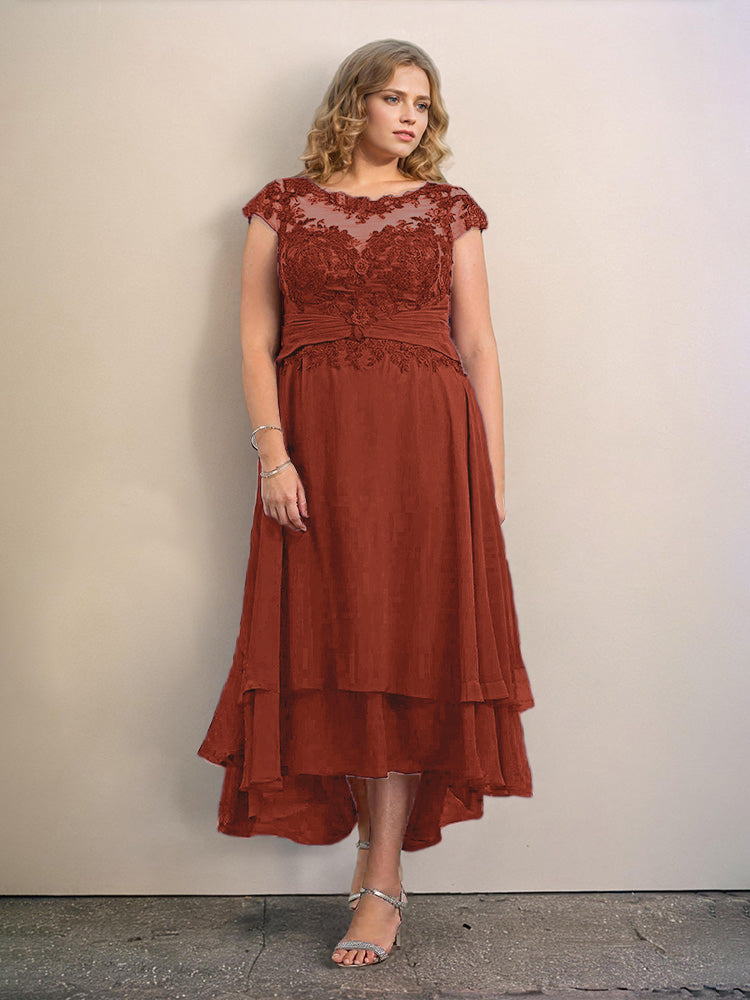 Grande Taille Trapèzes Col rond Mancherons Robes Demoiselle d’Honneur Haute et basse Mousseline avec Appliques