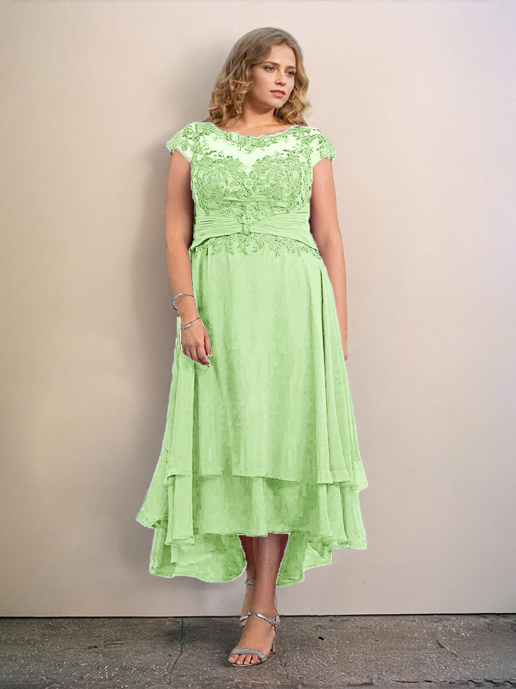 Grande Taille Trapèzes Col rond Mancherons Robes Demoiselle d’Honneur Haute et basse Mousseline avec Appliques
