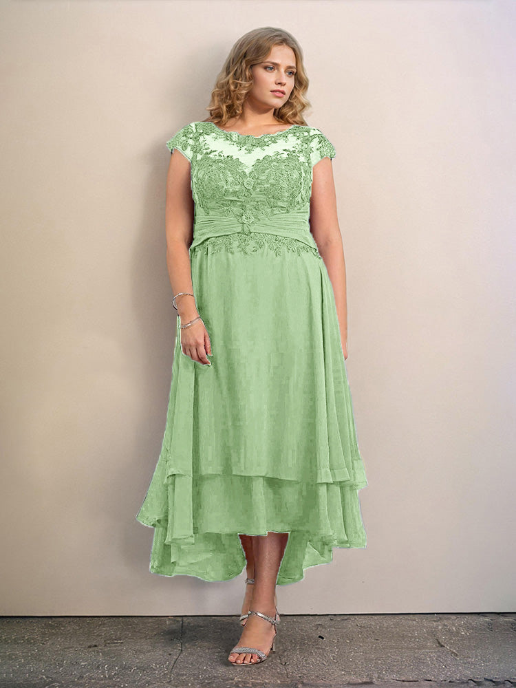 Grande Taille Trapèzes Col rond Mancherons Robes Demoiselle d’Honneur Haute et basse Mousseline avec Appliques